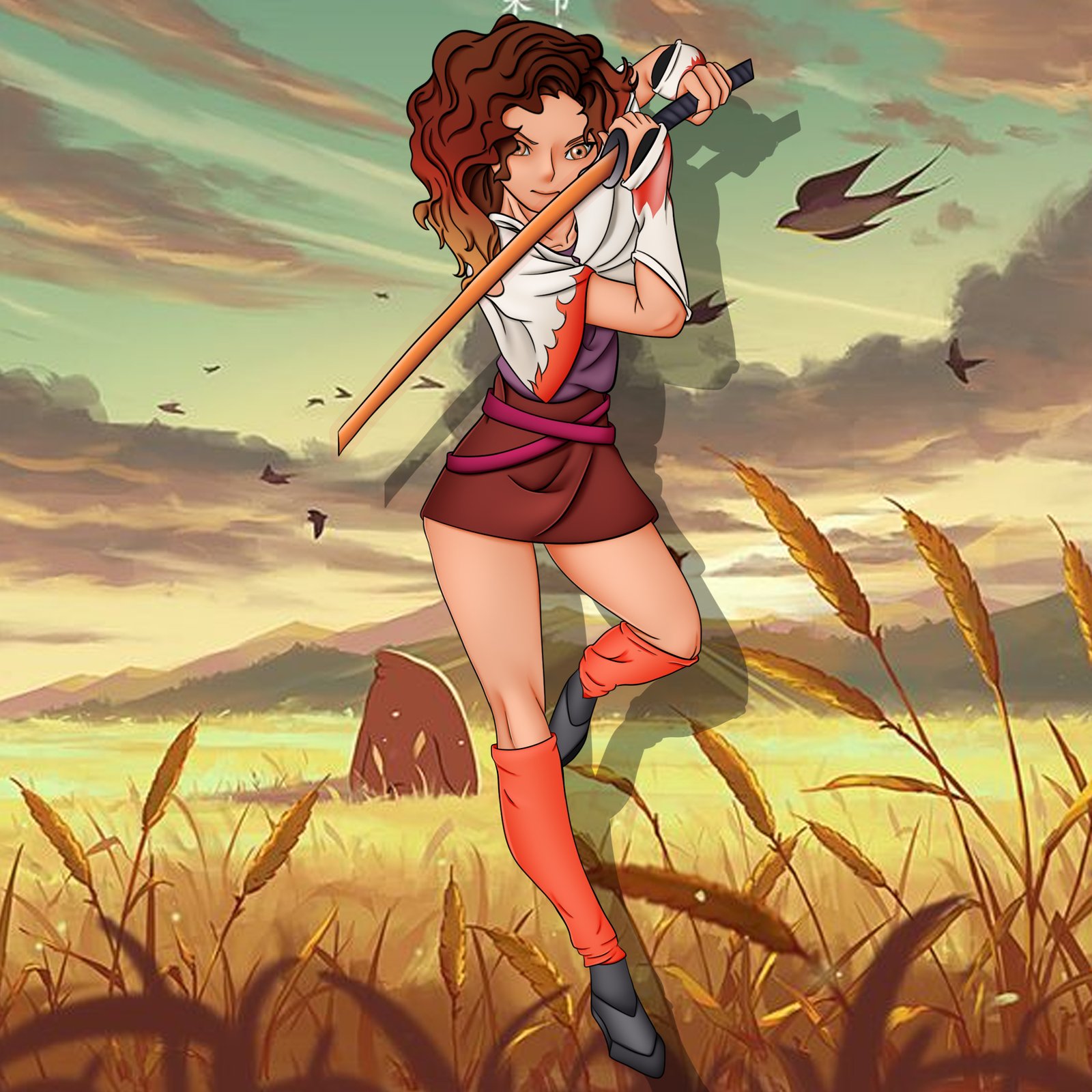 Sowert drawing a katana in a golden wheat field at sunset.