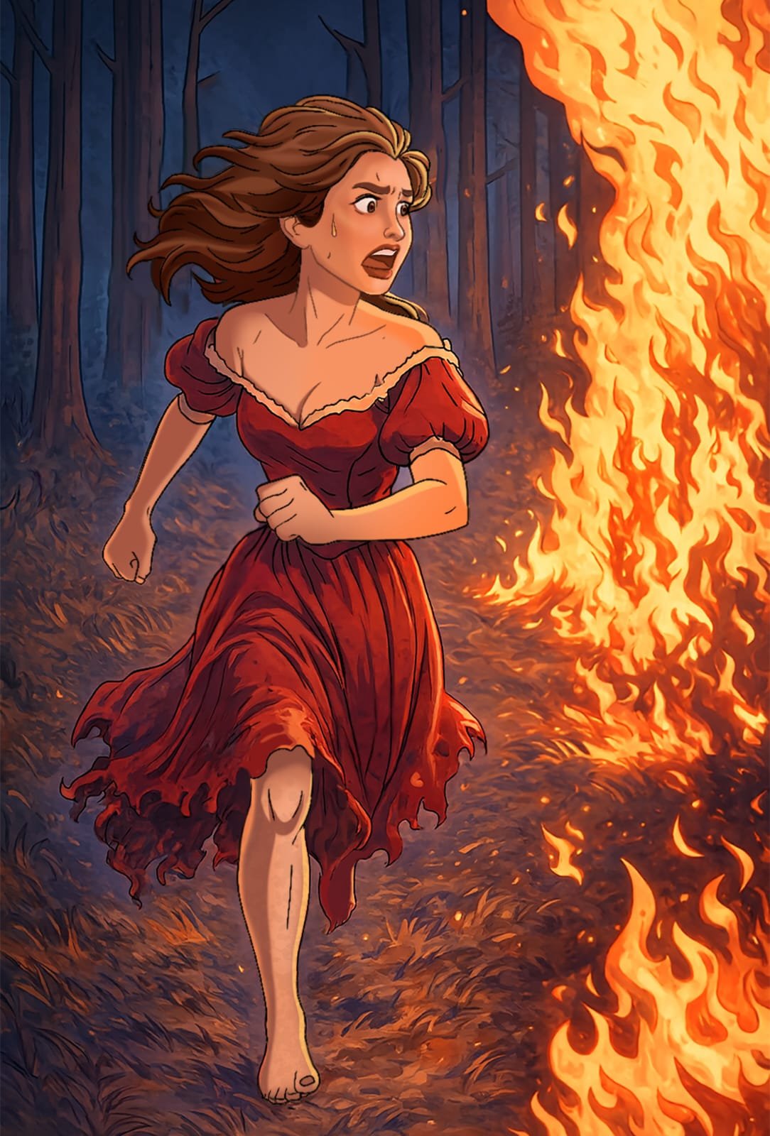 Digital characters featuring woman in firelight.