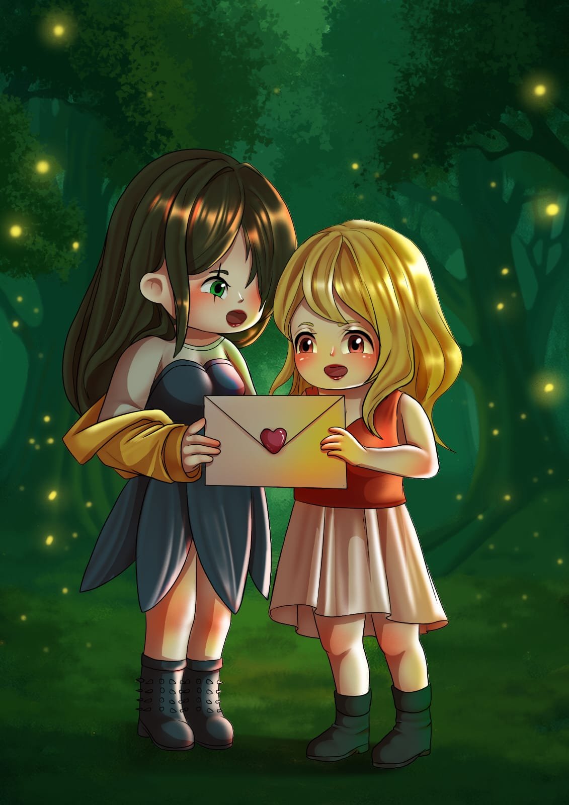 Digital characters featuring anime character pair in a forest.