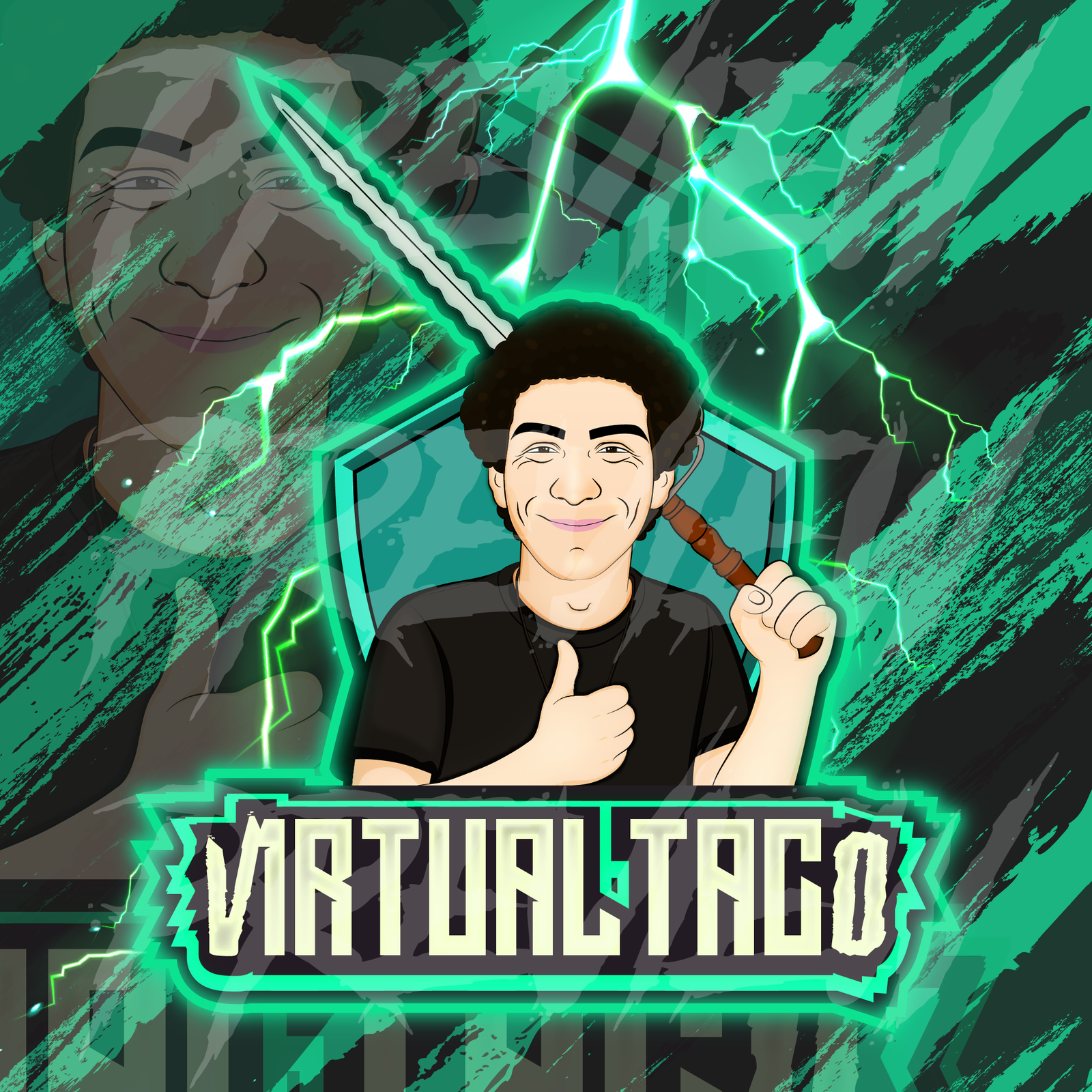 Illustrated streamer mascot badge with shield, sword, and lightning background