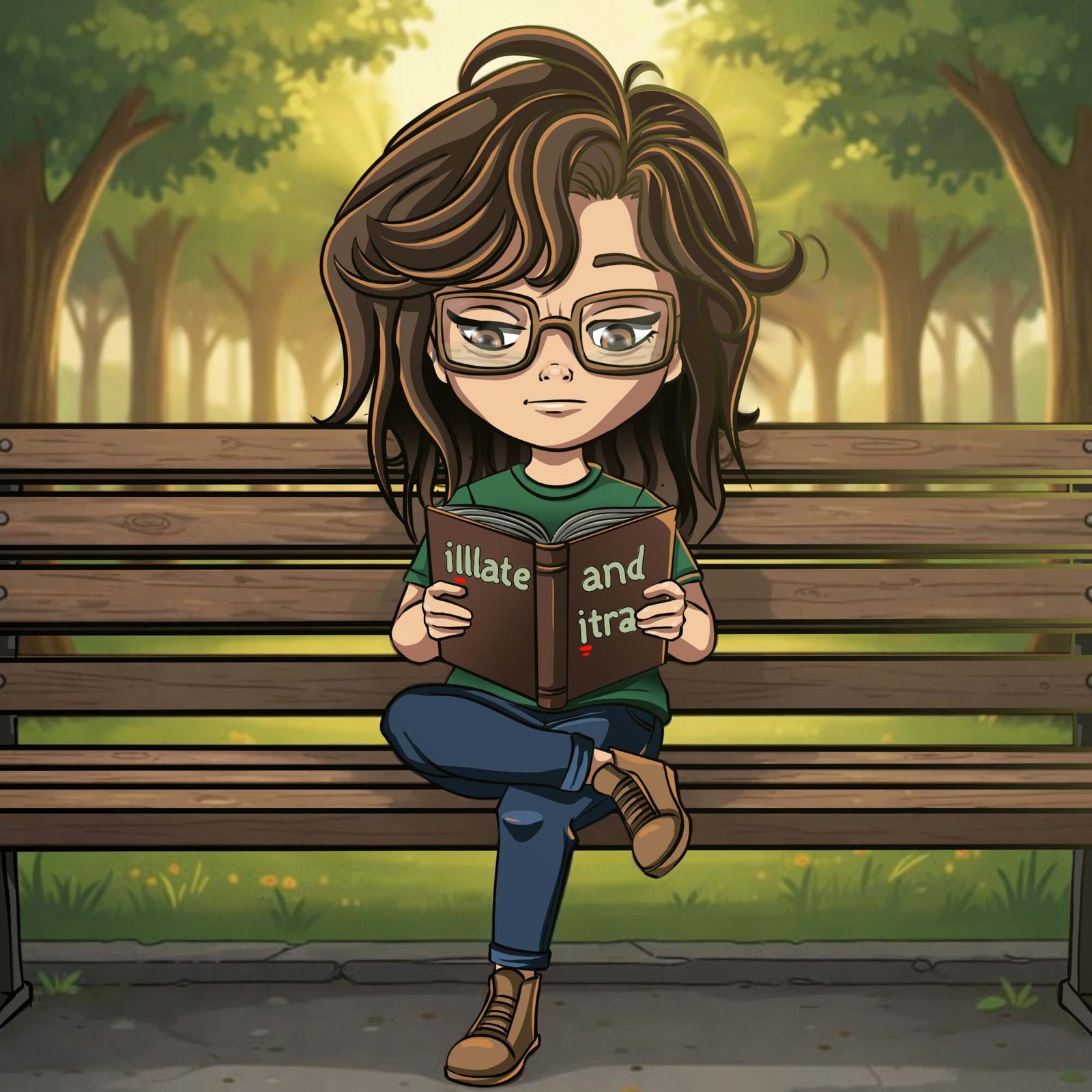 Illustration of a character reading a book on a park bench.