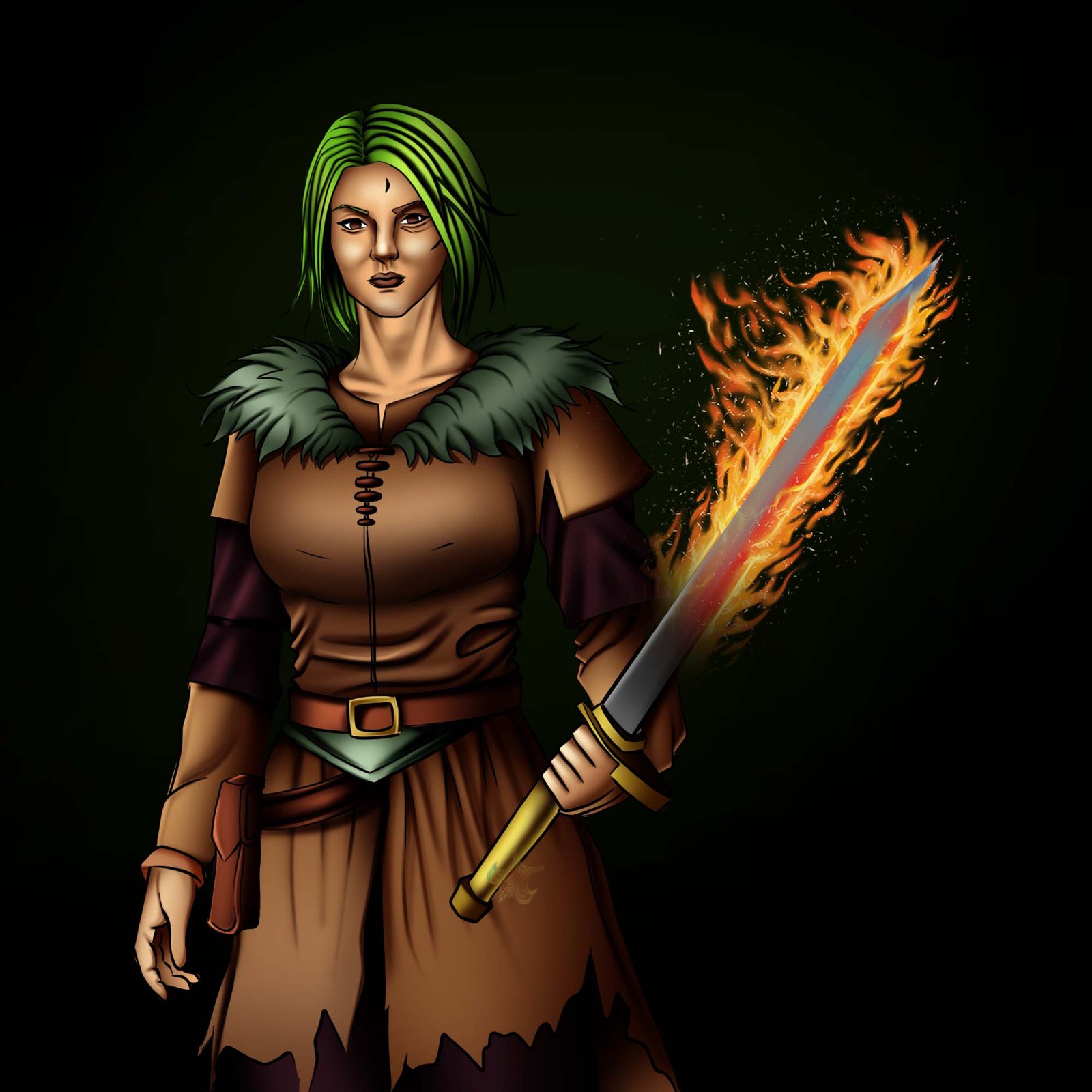 Green-haired armored warrior holding a flaming sword on a black background