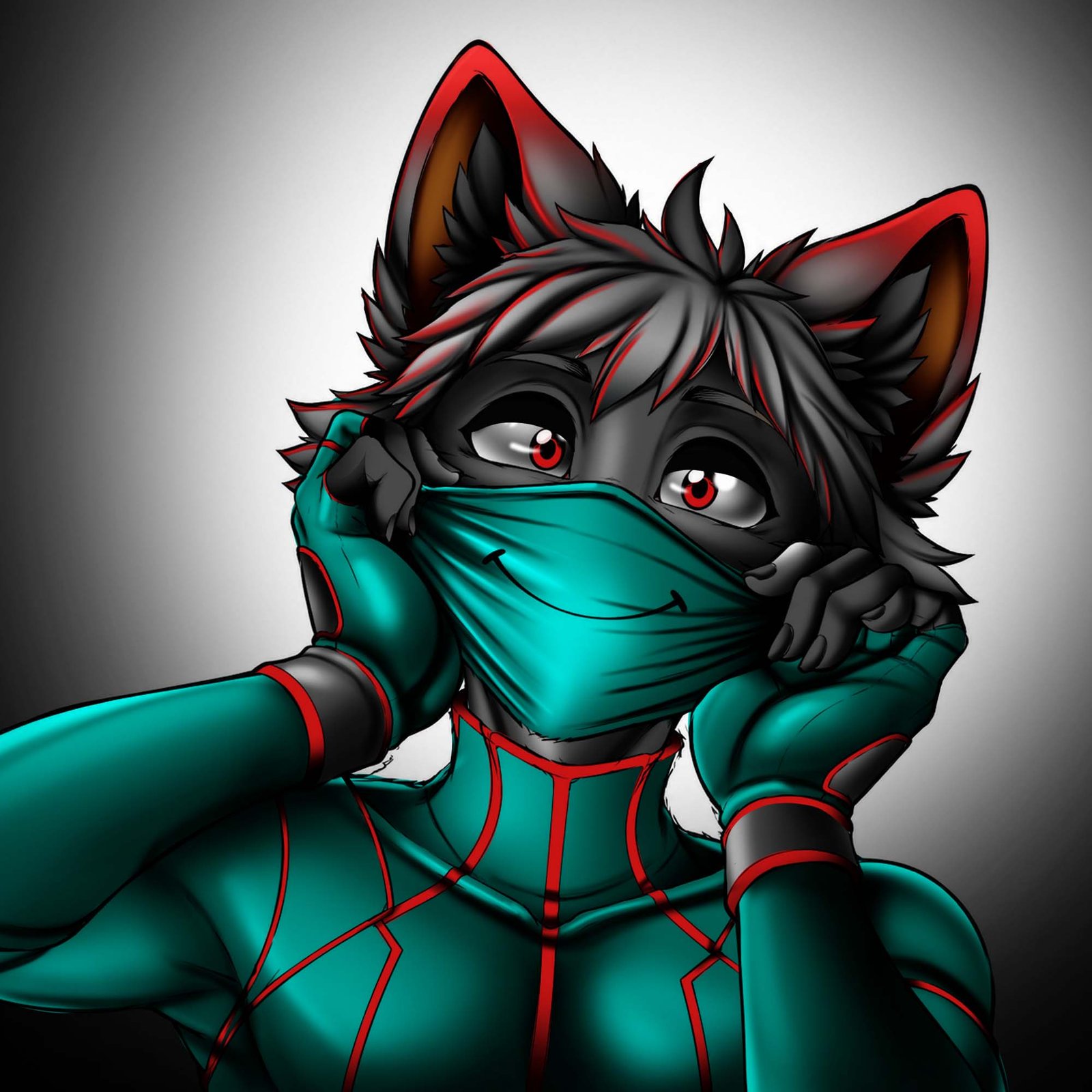 Digital characters featuring masked furry wolf portrait.