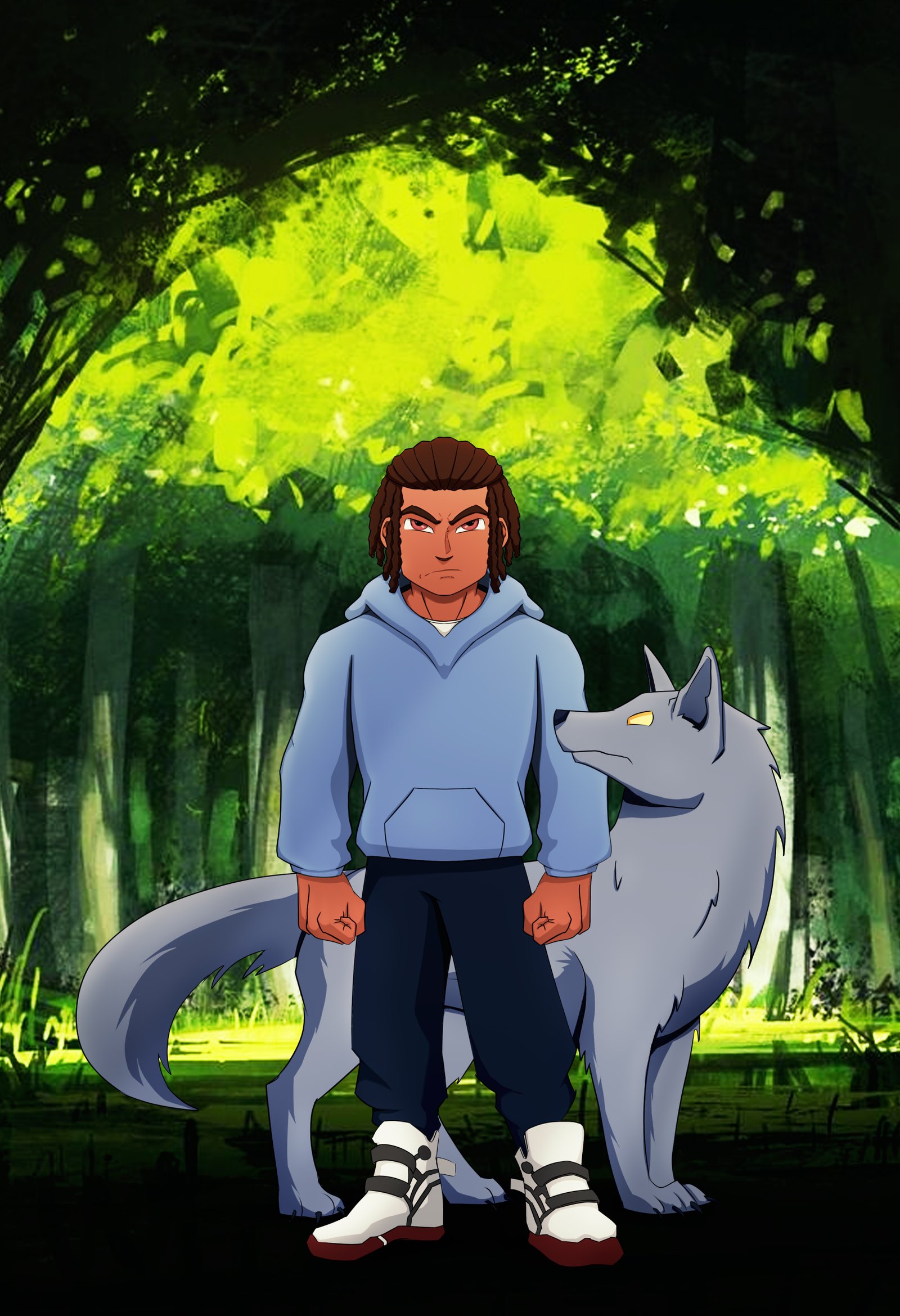 Digital illustration featuring the wolf and boy.