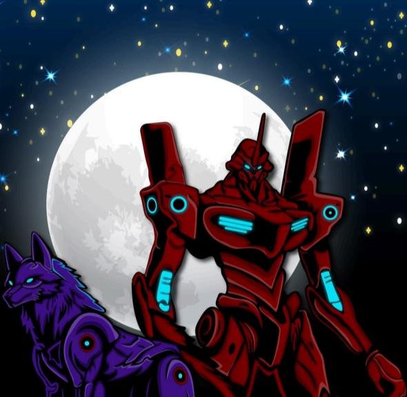 Digital characters featuring red robot warrior.