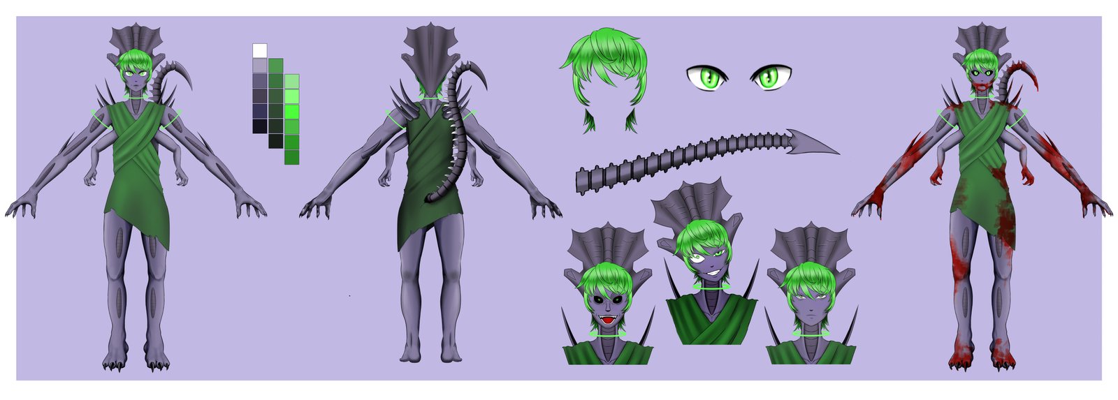 Digital 3d art featuring 3D green fantasy character sheet.