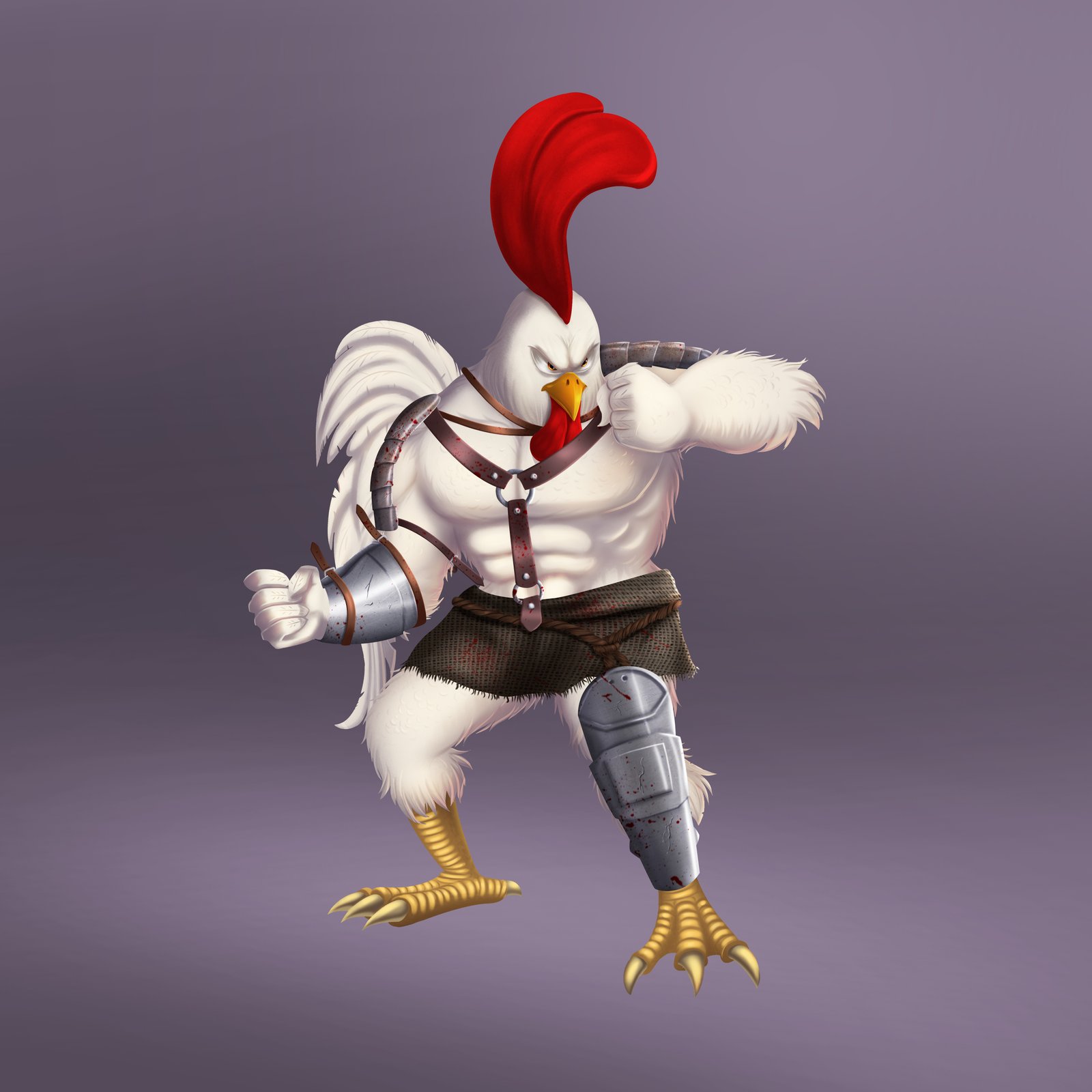 Digital characters featuring armored rooster warrior.