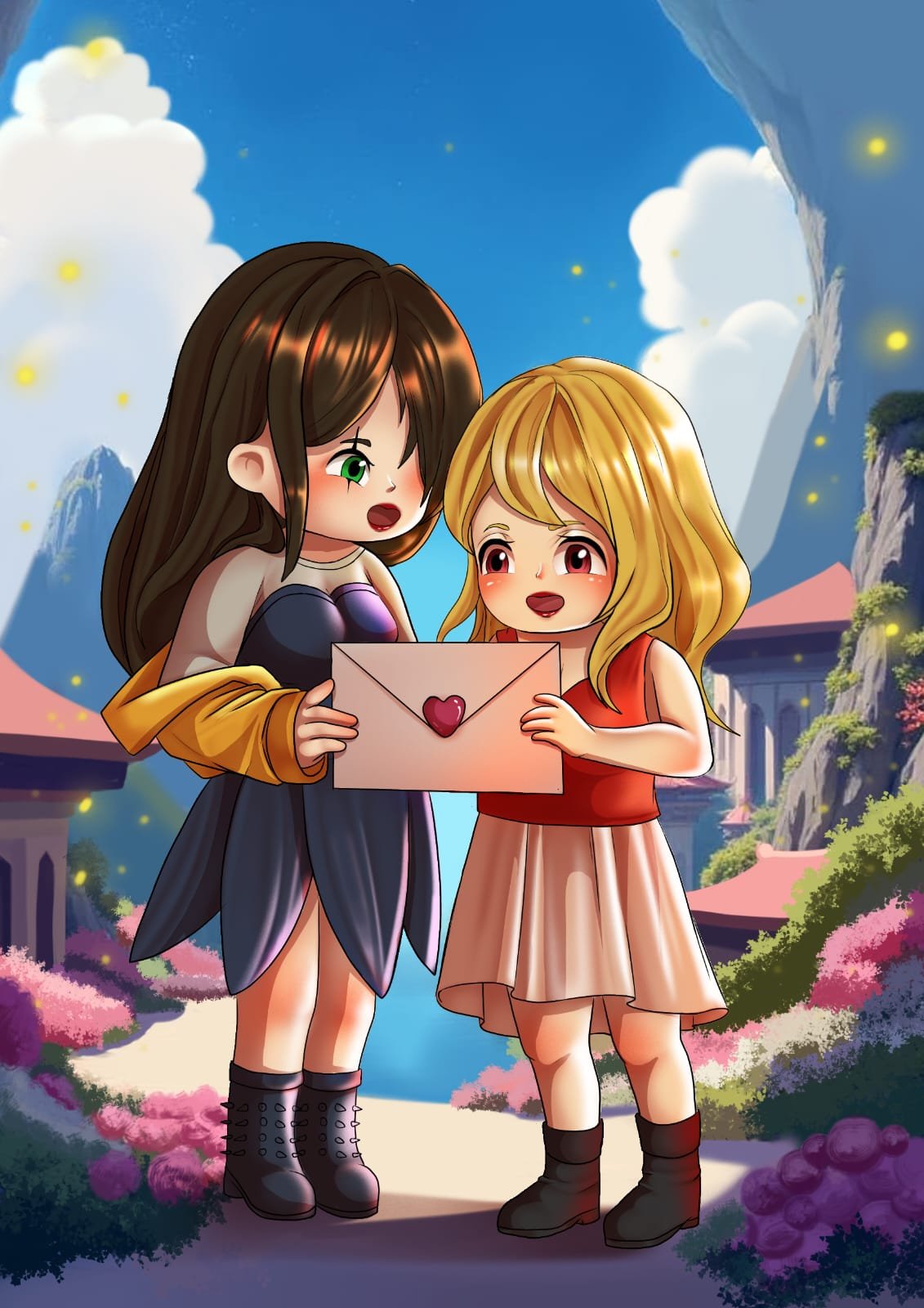 Digital characters featuring two girls embracing.
