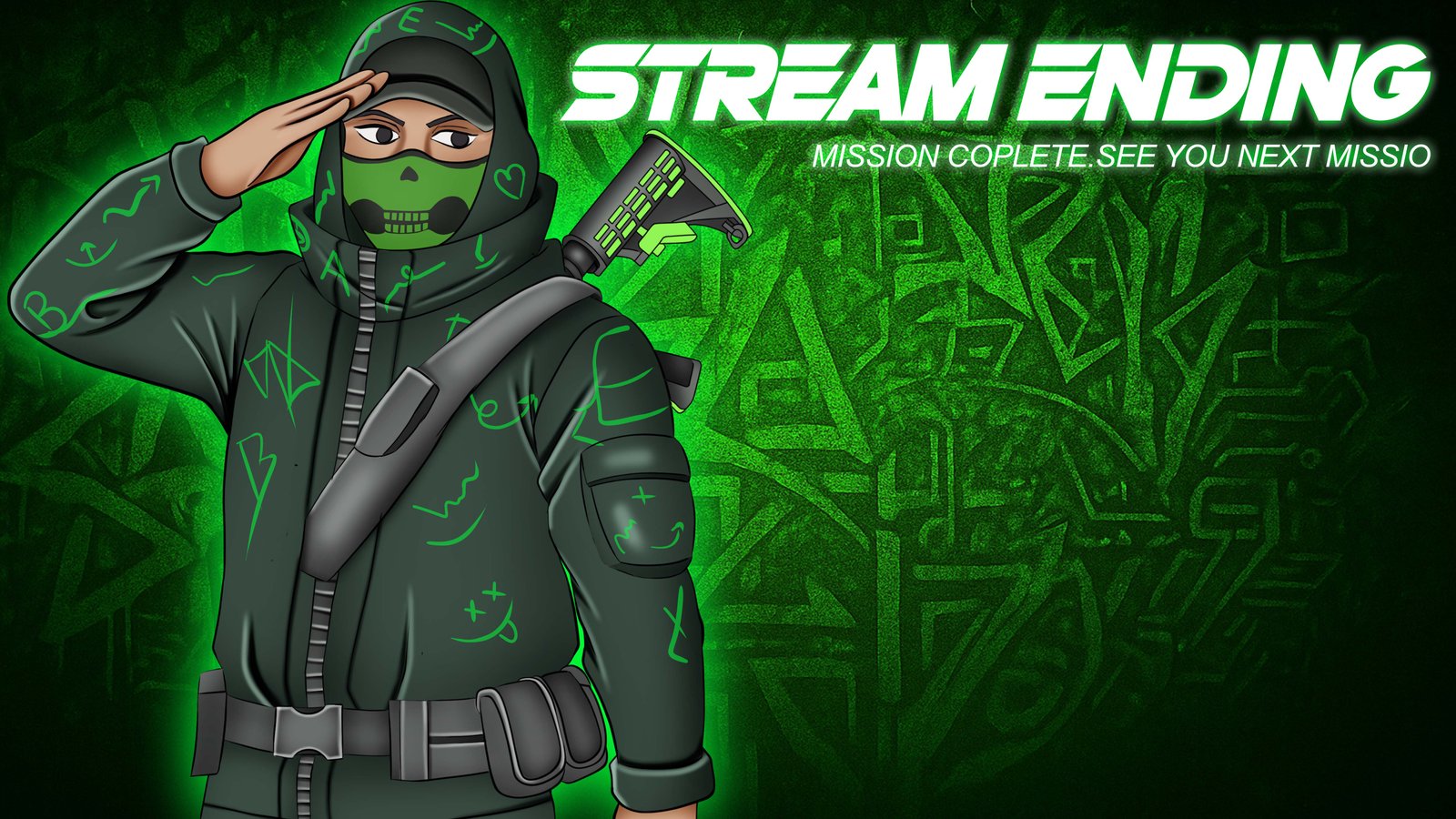 Masked tactical operator saluting on a green "stream ending" screen.