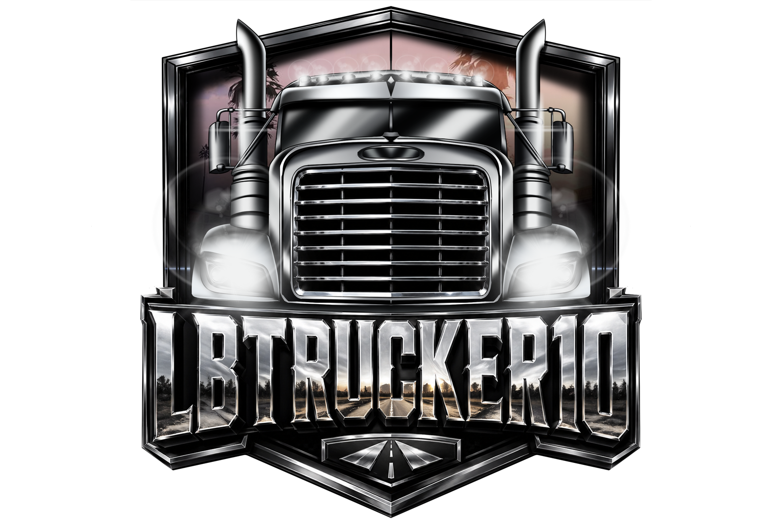 Chrome semi-truck grille badge with LBTrucker10 wordmark