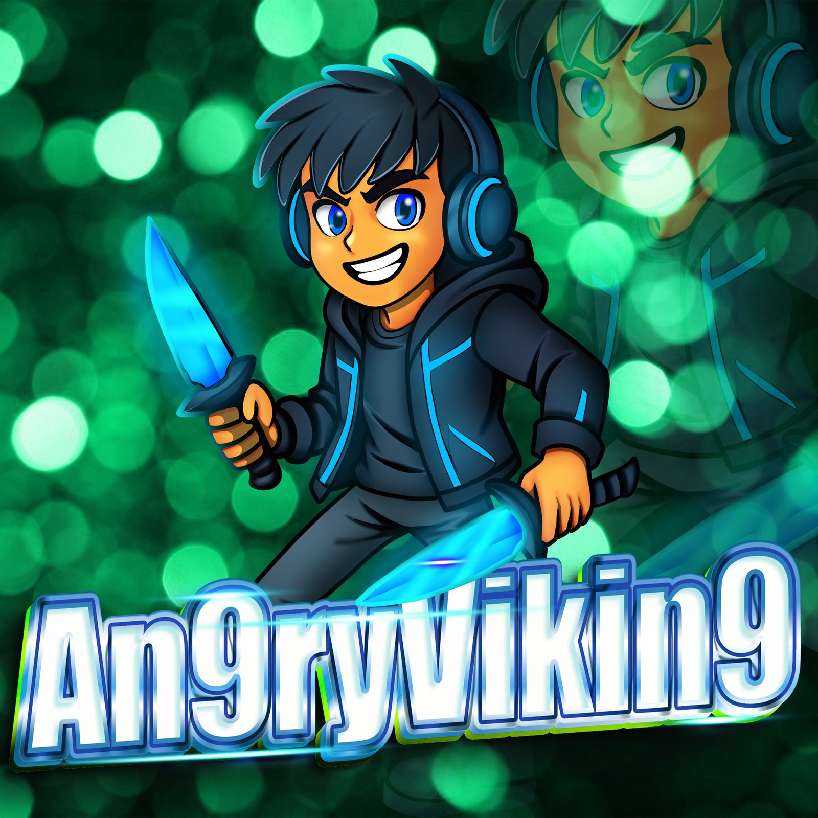 AngryViking gamer mascot holding two glowing blue daggers on a green bokeh background