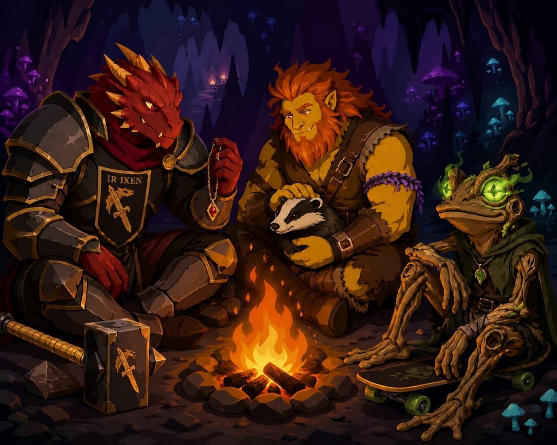 Digital characters featuring fantasy tabletop party scene.