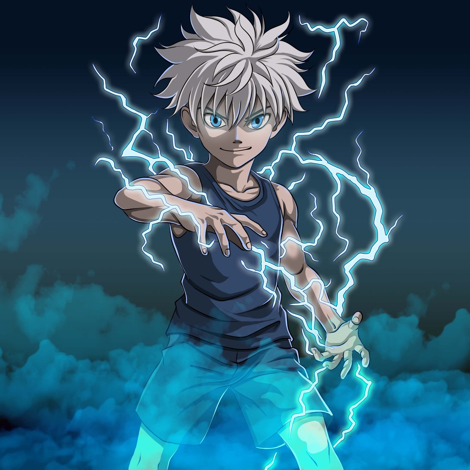 Digital characters featuring electric anime-inspired male character.