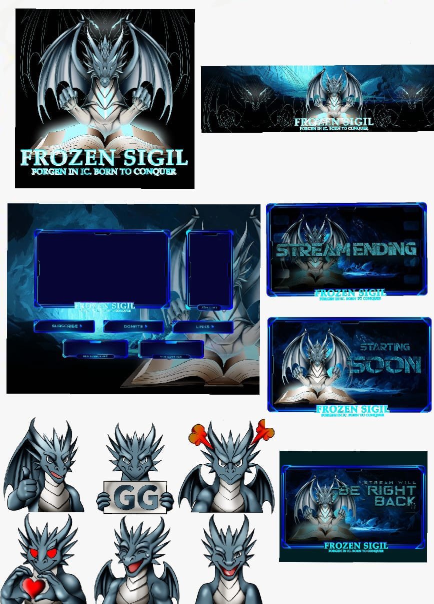 Branding layout illustration featuring dragon-themed stream graphics.