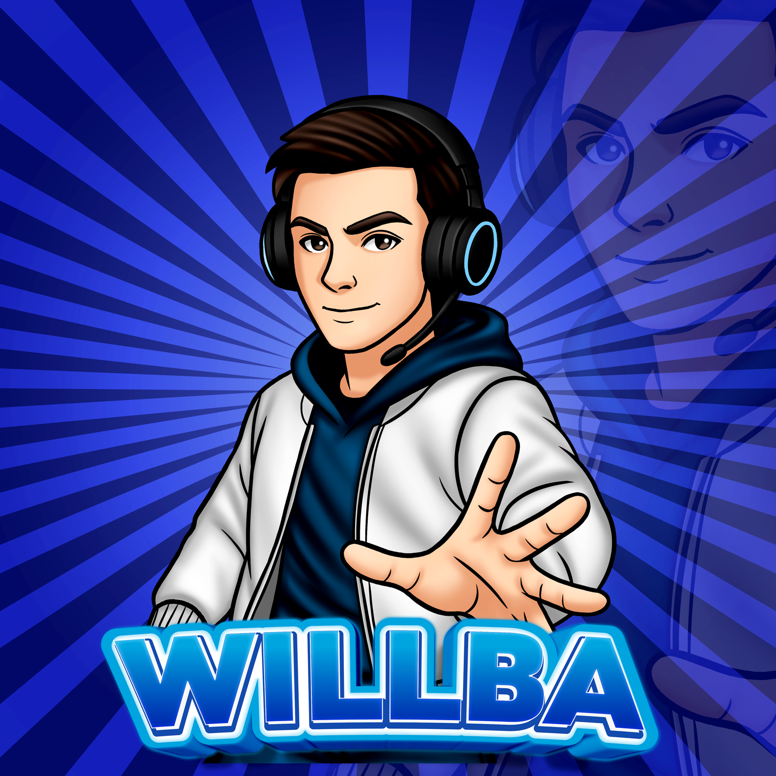 Willba streamer mascot waving, wearing a headset, blue starburst background