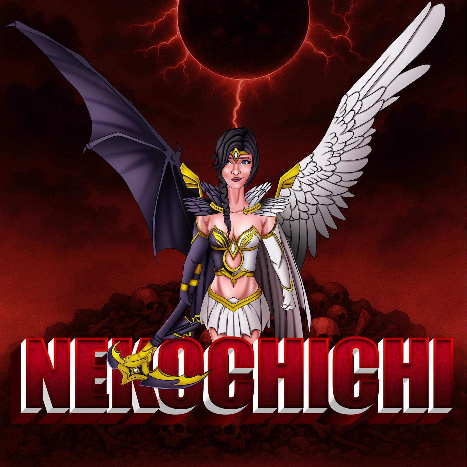 Nekochichi emblem, woman with one bat wing and one feathered wing under a red eclipse