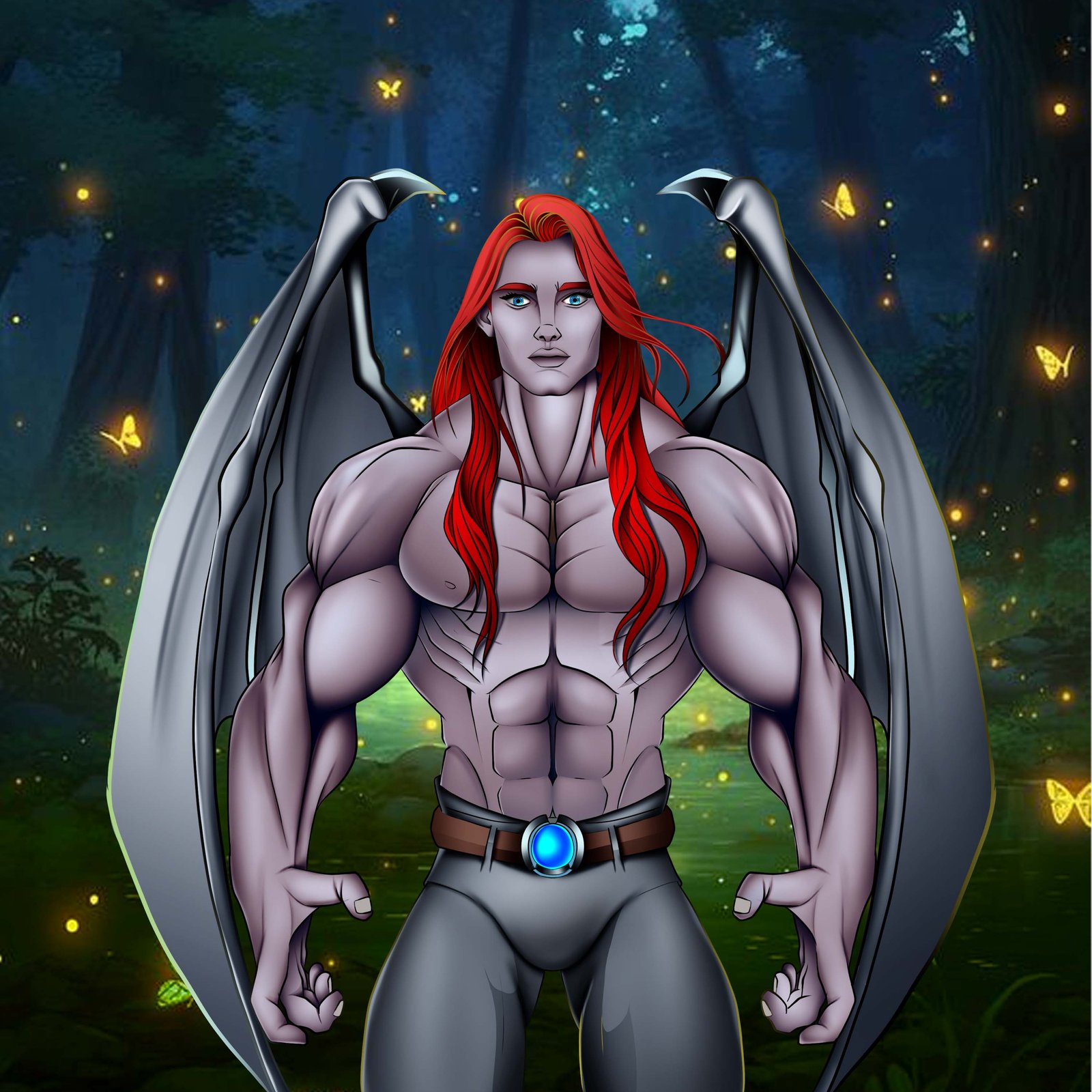Digital characters featuring red-haired winged demon.