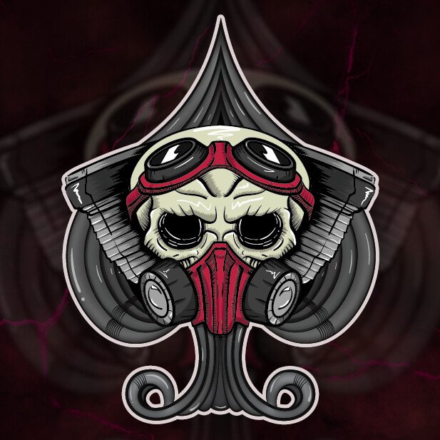 Skull wearing goggles and a mask inside a spade emblem with exhaust pipe details