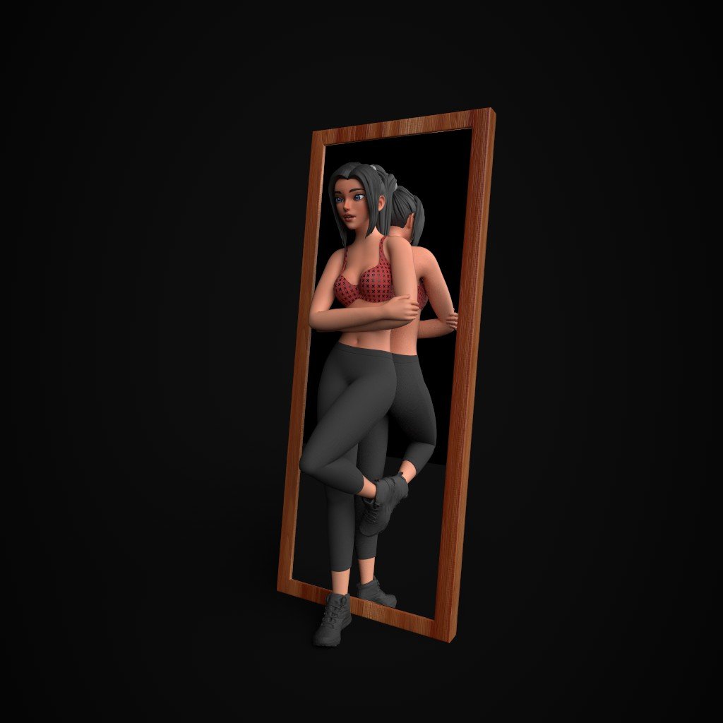 Illustration of a woman's reflection in a standing mirror.