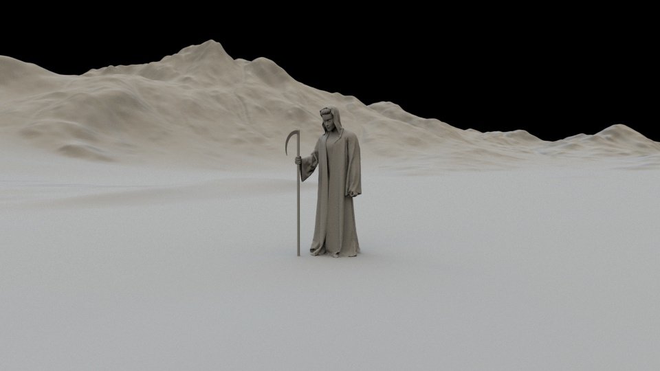 Digital 3d art featuring two figures in a moonlit landscape.