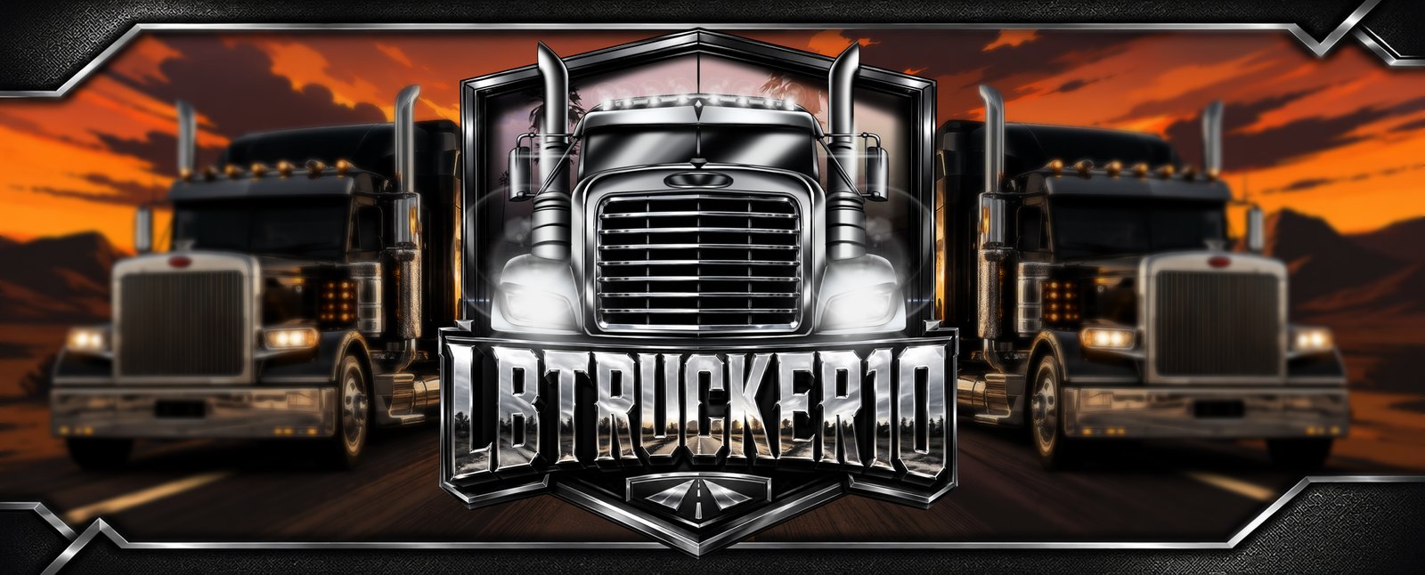 LBTrucker10 banner, twin semi-trucks on a desert highway at sunset