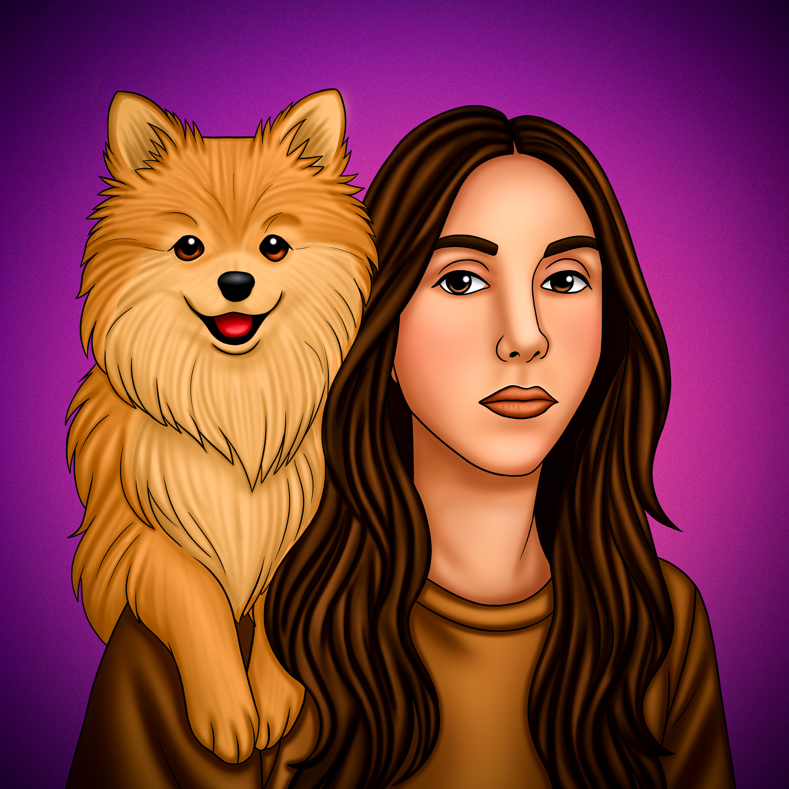 Digital portrait of a woman and a fluffy Pomeranian dog on a purple background