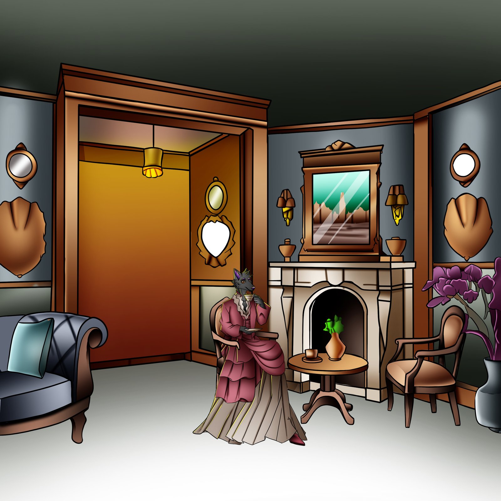 Digital characters featuring anthropomorphic fox interior scene.