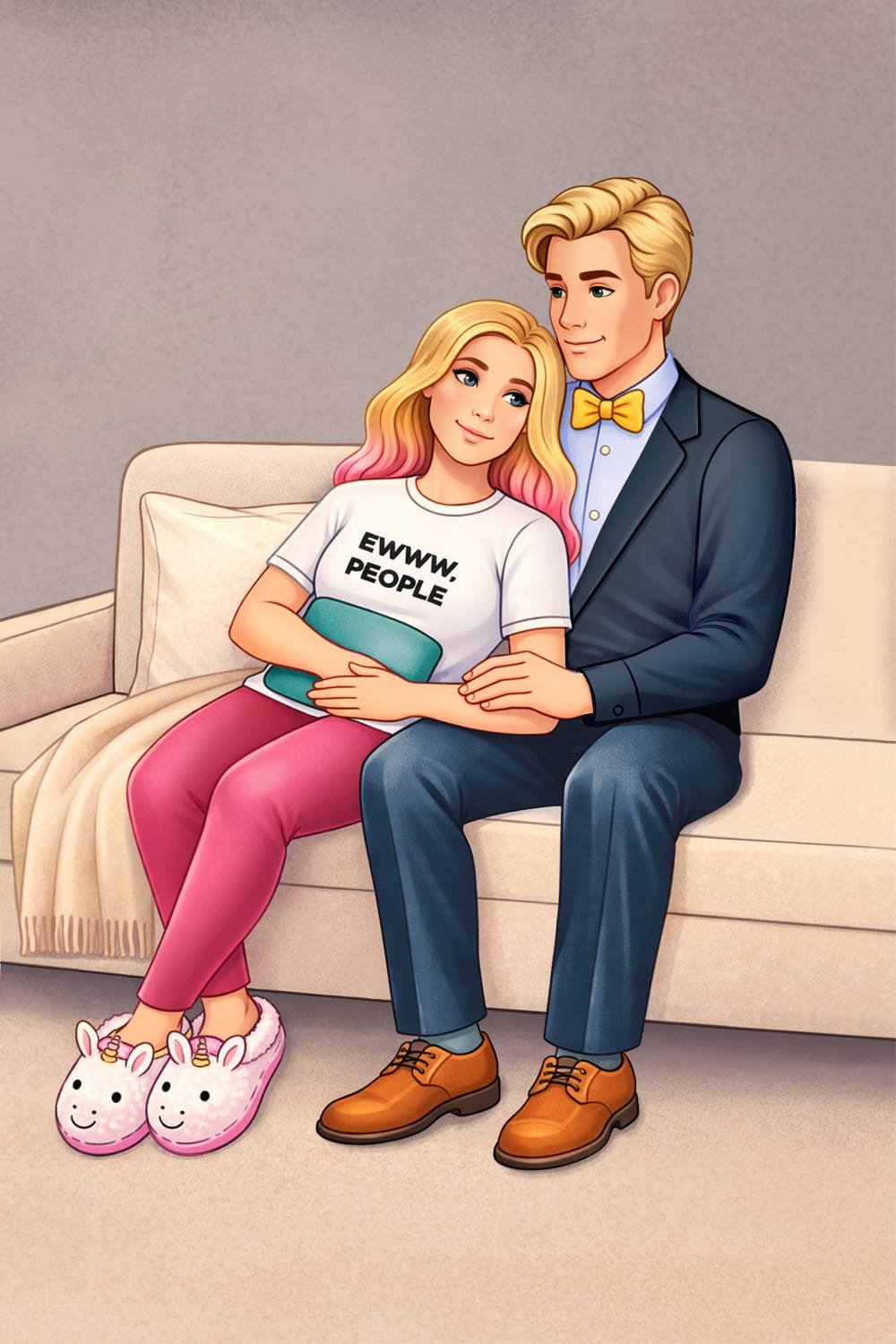 Digital illustration featuring seated couple portrait.