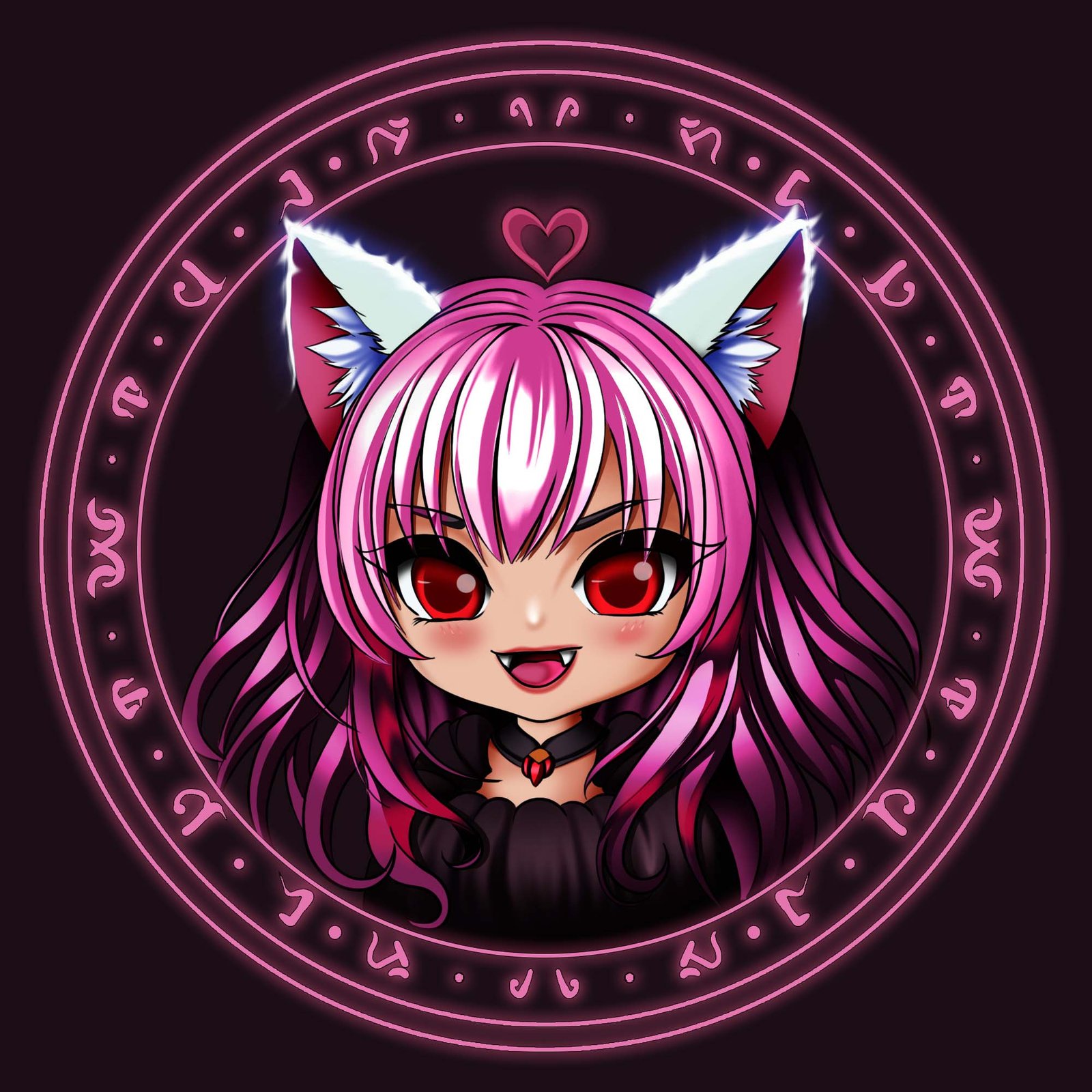 Gothic anime catgirl vampire avatar inside a glowing magic circle