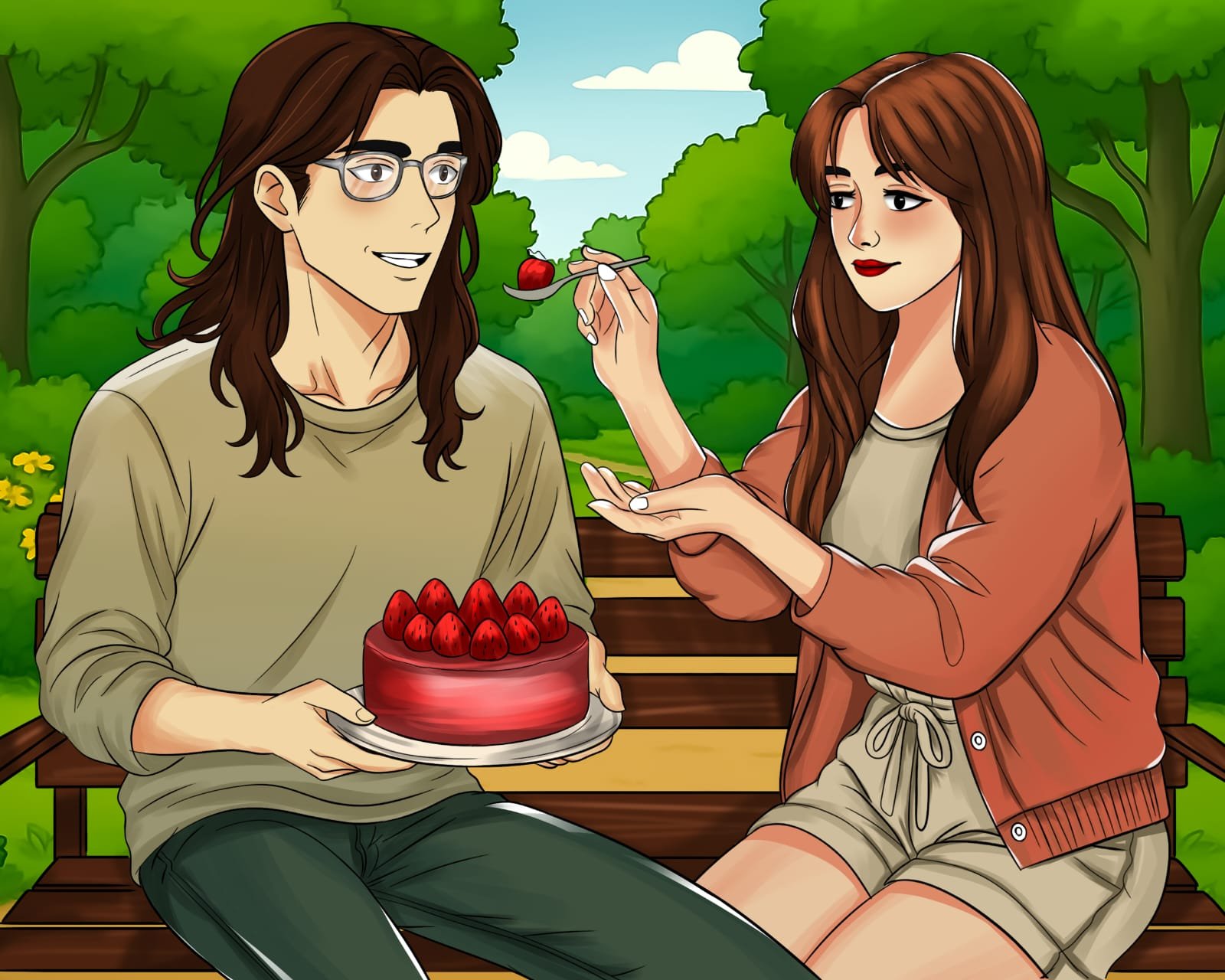 Digital illustration featuring couple sharing dessert.