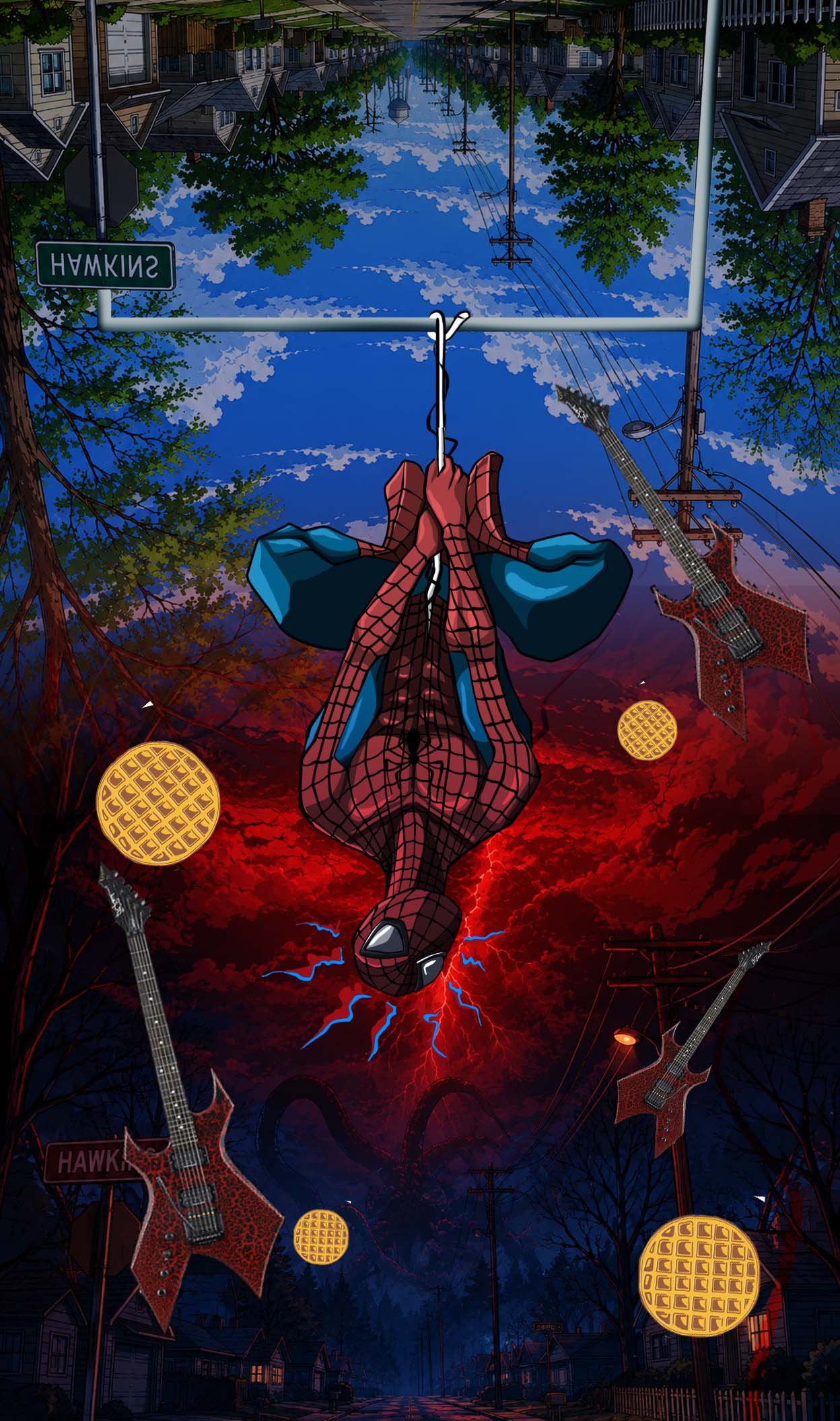 Fan art of a web-slinging superhero hanging upside down over a small town, Hawkins street sign, red sky