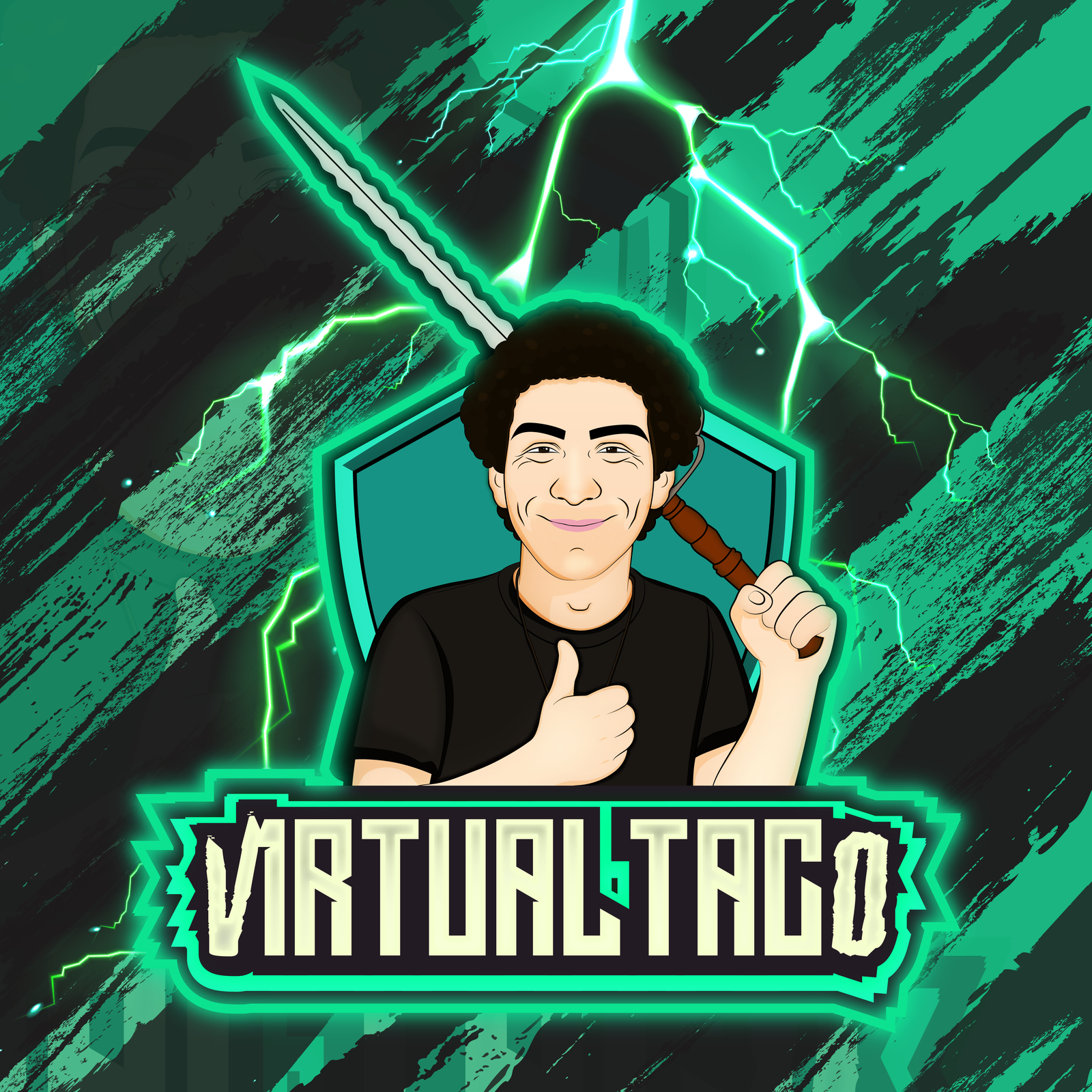 Virtual Taco streamer mascot giving thumbs up in front of a shield and sword, green lightning background