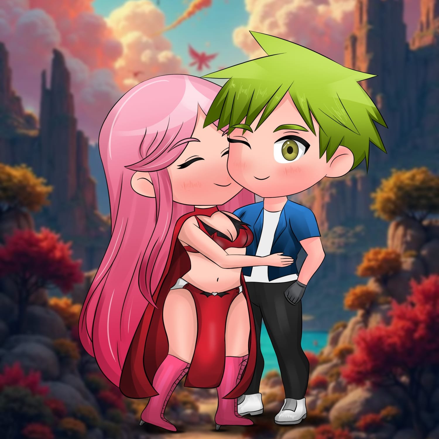 Digital illustration featuring chibi couple embrace.