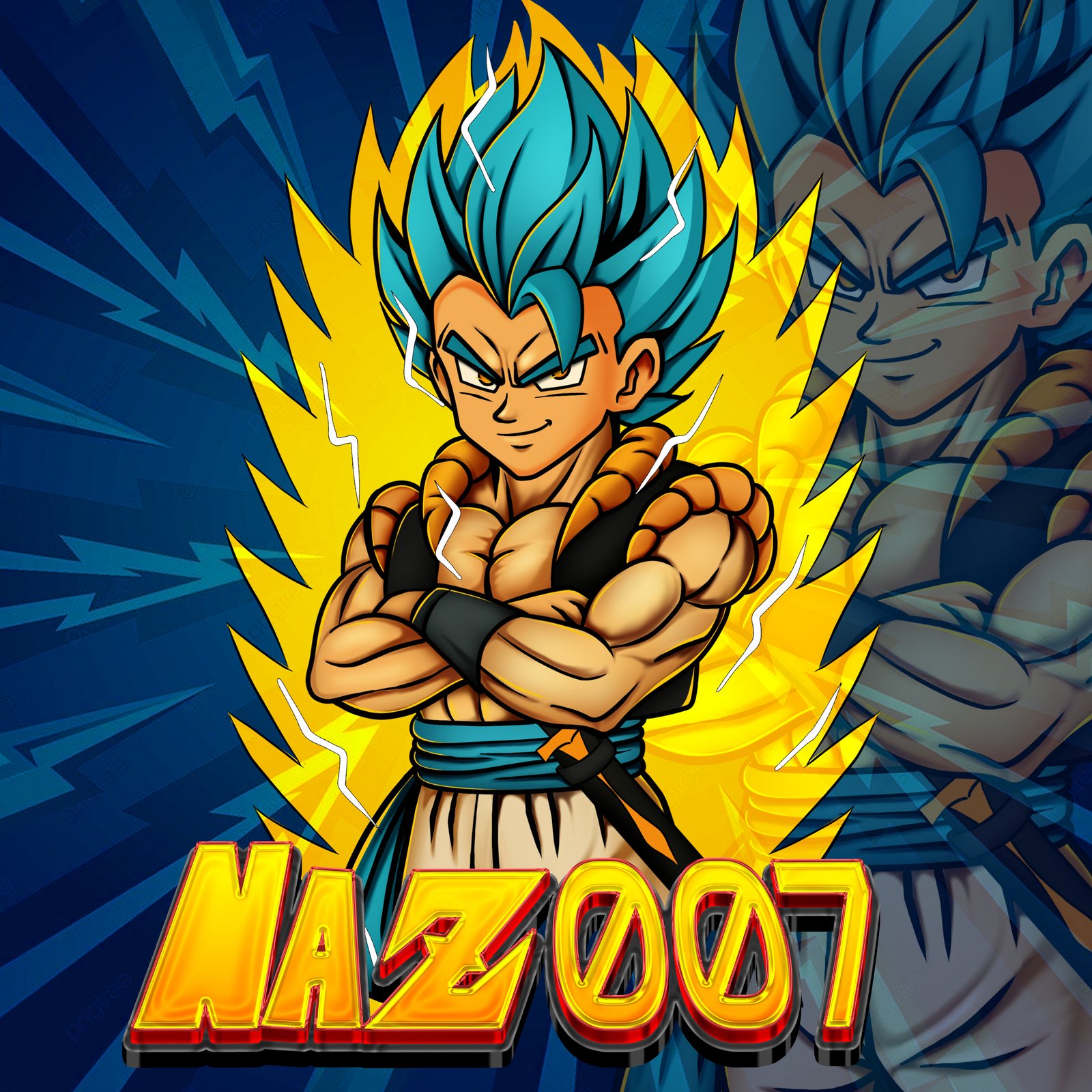 Fan art of a blue-haired Dragon Ball-style warrior with crossed arms in yellow energy, Naz007 wordmark
