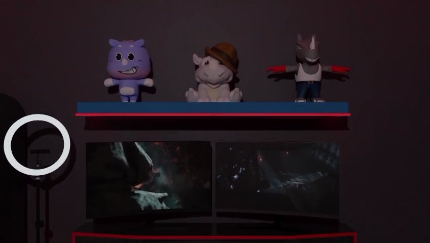 3D-rendered streaming room scene with mascot figures on a shelf above monitors.