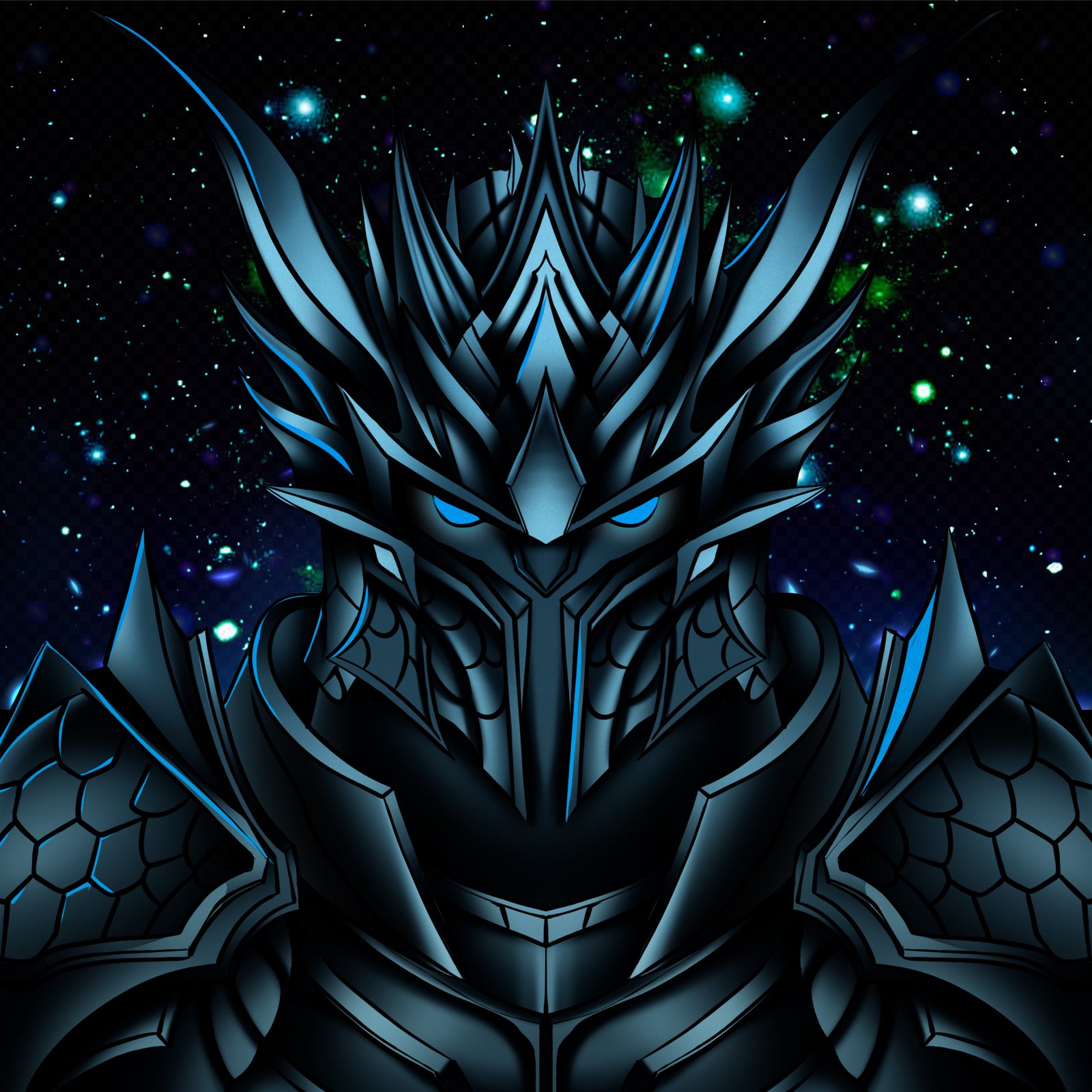 Spiked blue dragon knight helmet portrait against a galaxy background