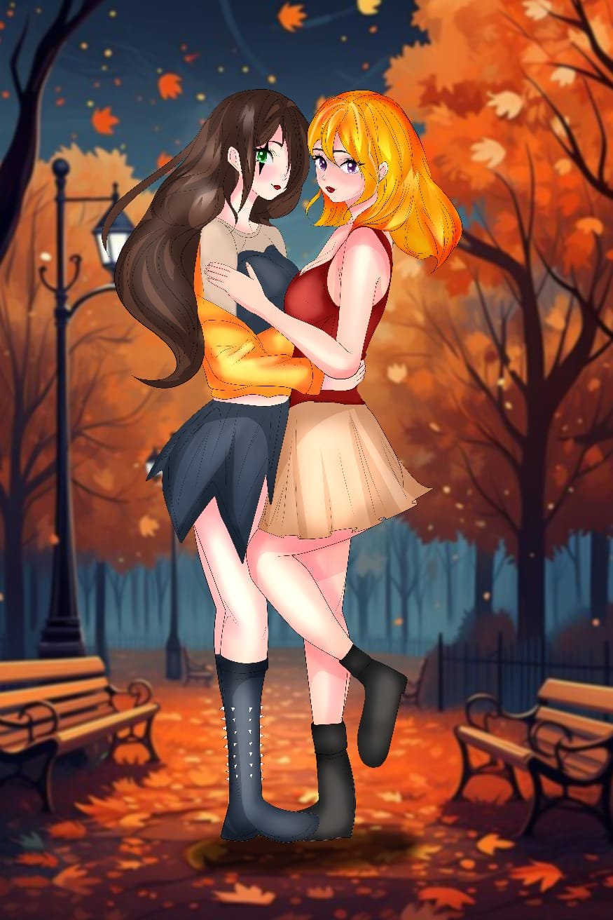Digital illustration featuring romantic anime couple.