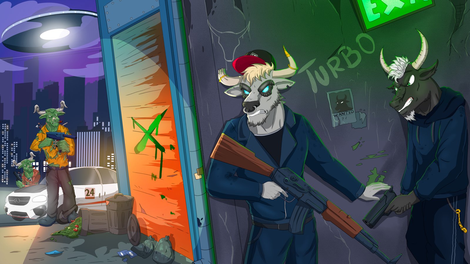 Digital characters featuring bulls.