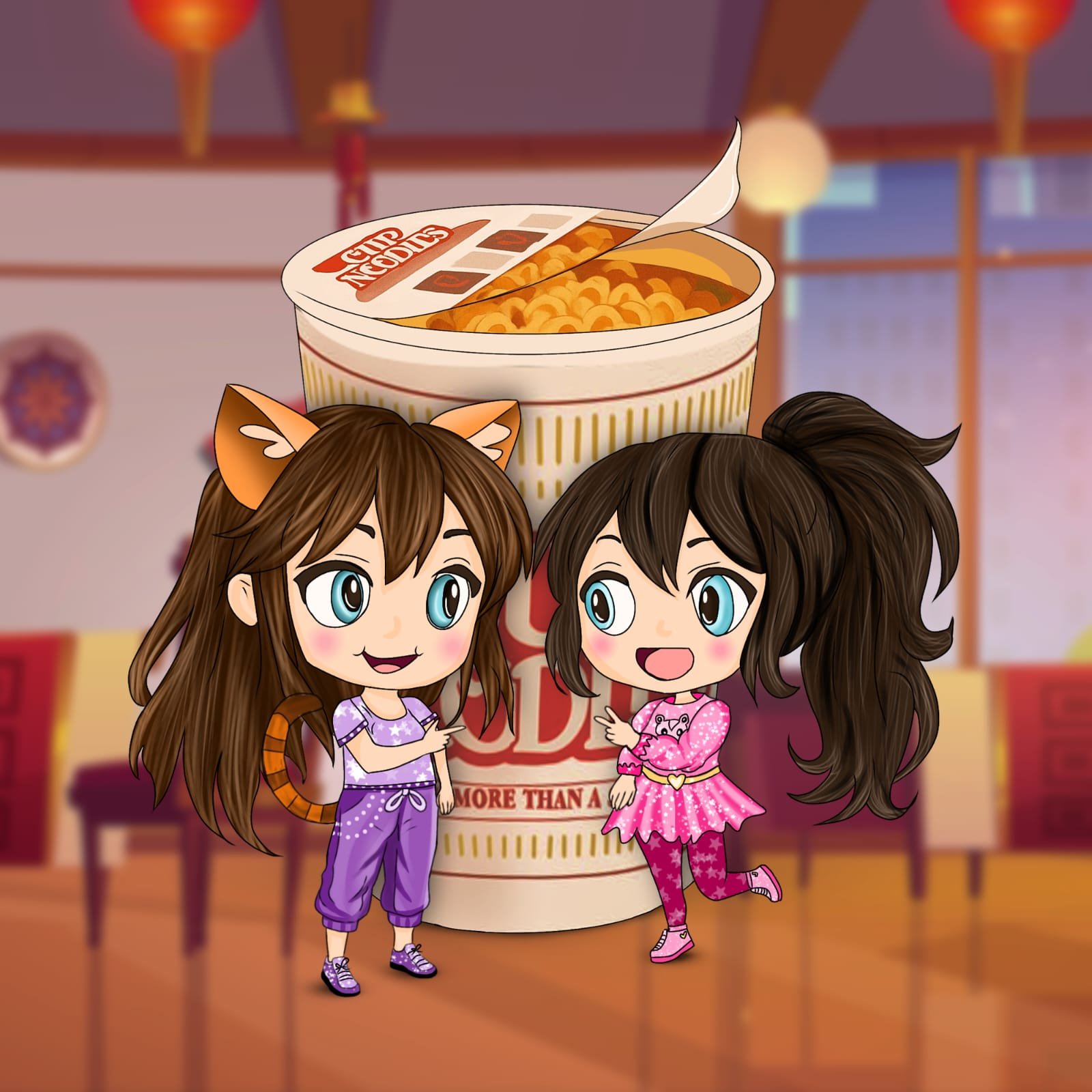 Digital characters featuring chibi character pair sharing a meal.