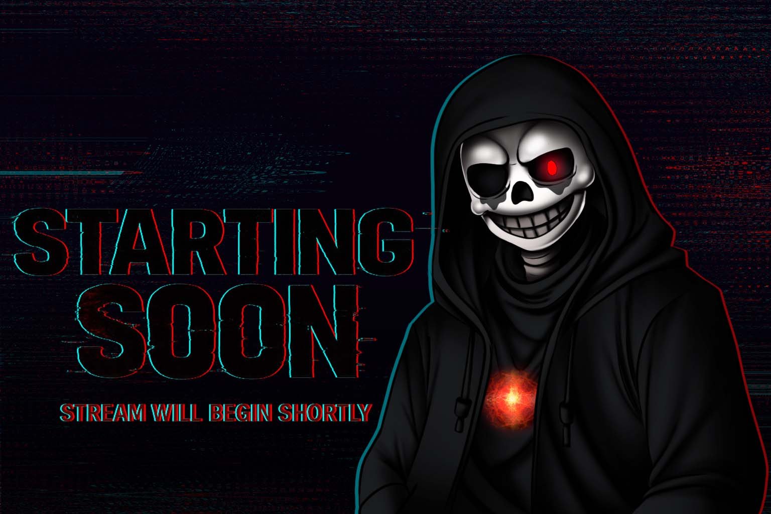 Hooded skull character on a dark "starting soon" screen.