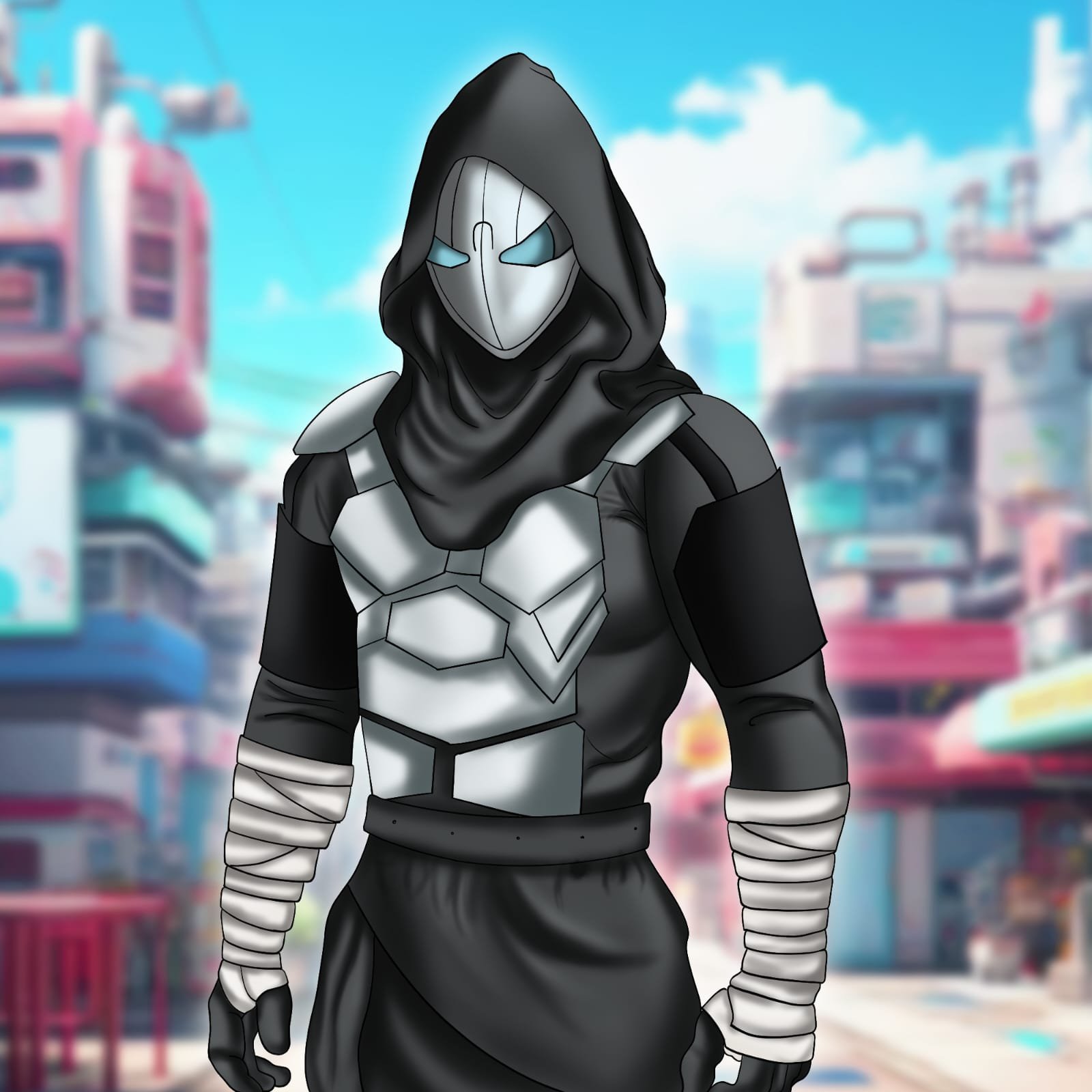 Digital characters featuring masked sci-fi character.