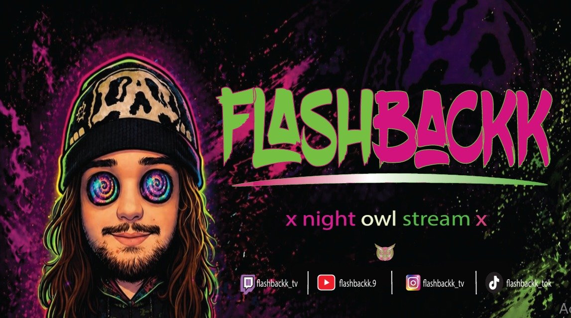 FlashBackk banner with wordmark, night owl stream tagline, and social handles