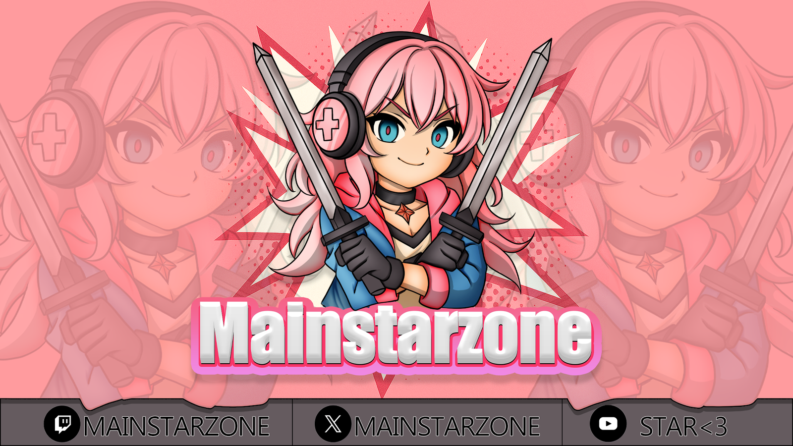 Mainstarzone banner, pink-haired mascot with crossed swords and platform handles
