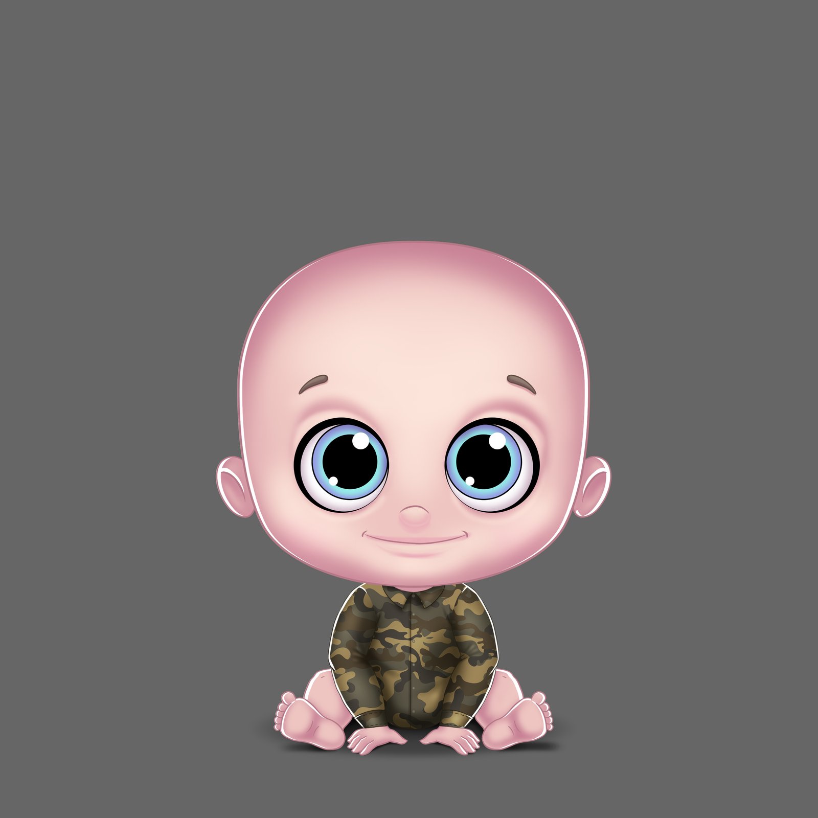 Digital 3d art featuring 3D baby character in camouflage outfit.