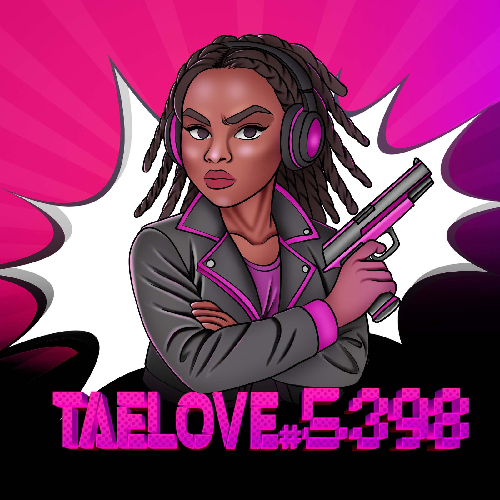 Taelove character portrait, braided woman with headphones holding a pistol