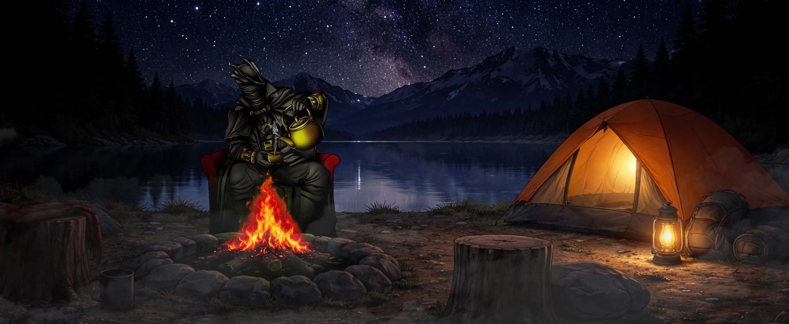 Hooded figure by a campfire beside a lake at night, mountains and stars in the background