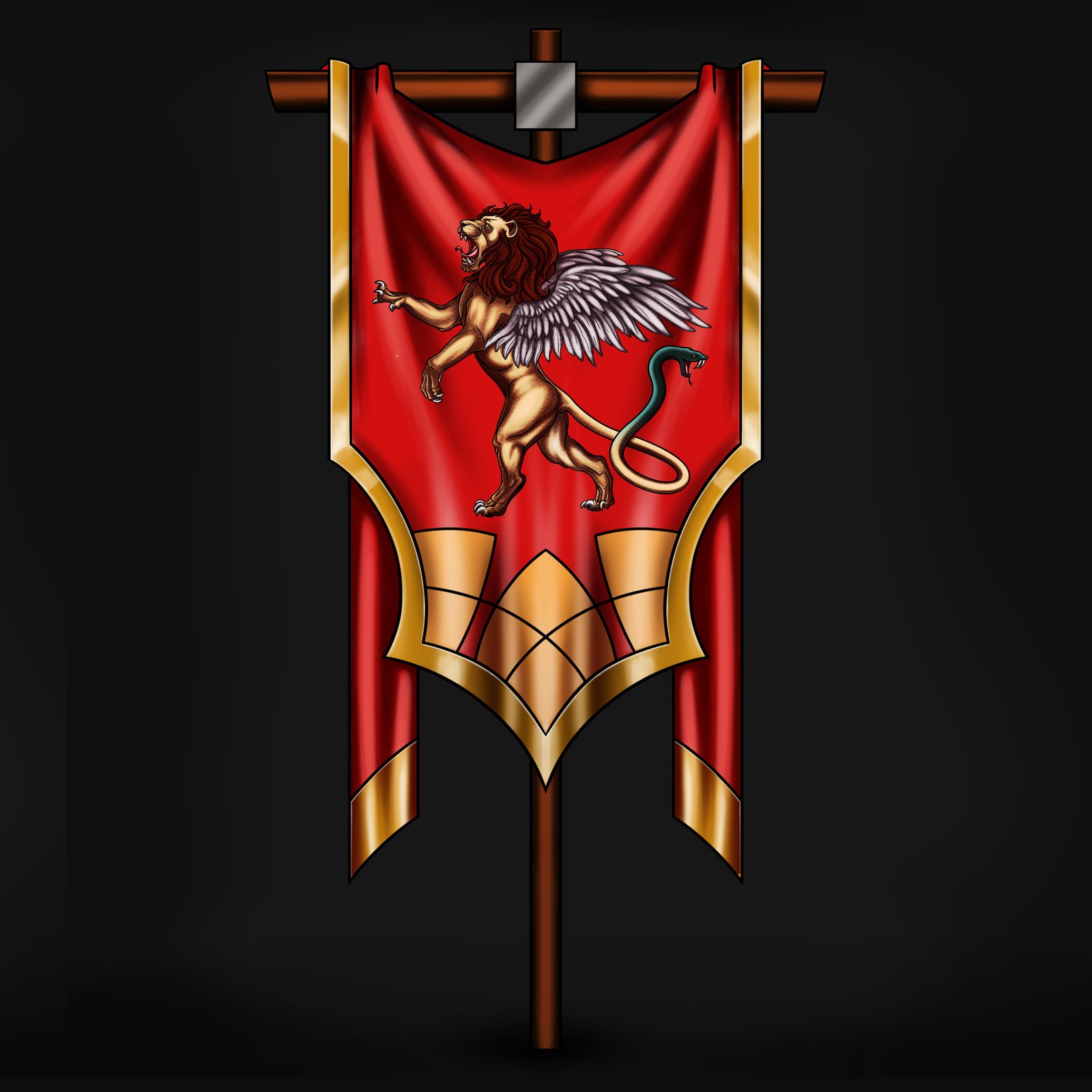 Heraldic banner with a winged lion and serpent-tail chimera on red cloth