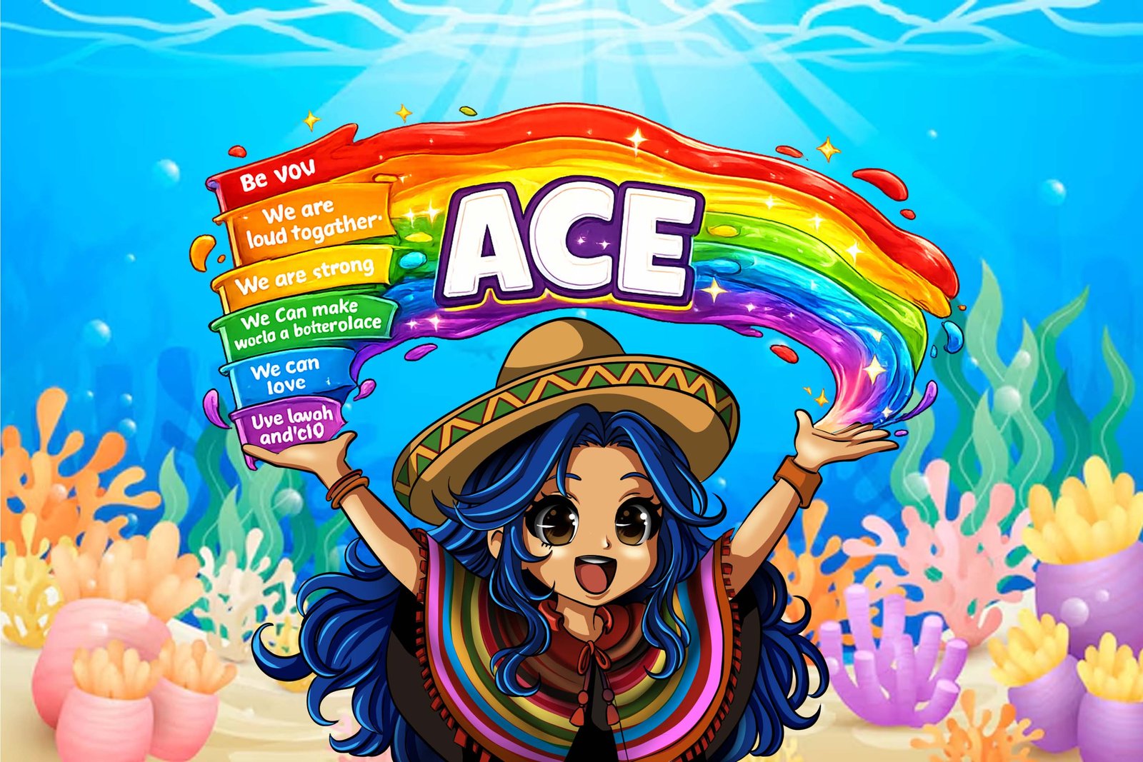 ACE banner, anime girl in a sombrero waving a rainbow ribbon underwater