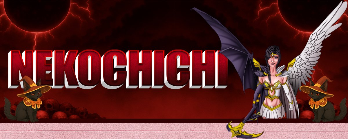 Nekochichi banner with wordmark, winged character, and witch-hat cat mascots