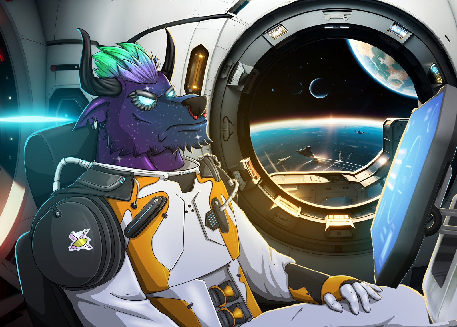 Digital characters featuring bull in spaceship.